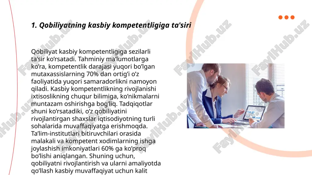 sidagi munosabat murakkab, lekin muhim mavzudir. tadqiqotlar shuni ko'rsatadiki, kasbiy muvaffaqiyatning taxminan 25% qobiliyat va ko'nikmalarga bog'liq. inson resurslari sohasida olib borilgan izlanishlarga ko'ra, qobiliyatlari yuqori bo'lgan xodimlar, o'rtacha, 20% ko'proq daromad olishi mumkin. biroq, qobiliyat faqat muvaffaqiyatning bir qismi bo'lib, tajriba va ta'lim bilan birgalikda ish faoliyatini yaxshilaydi. ish beruvchilar uchun qobiliyatlarni baholash aniq natijalarga erishish uchun muhimdir. shu bilan birga, tizimli ravishda o'quv va kasbiy malaka oshirish amaliyotlari ham muvaffaqiyat darajasini oshirishi mumkin. iqtidorli xodimlarni tanlash va joyida rivojlantirish orqali kompaniyalar umumiy nisbiy daromadlarini 10-15% oshirishi mumkin. ... t.me/slaydai_bot innovatsion qobiliyatlar va kasbiy kompetentlik muvaffaqiyatli ish natijalariga erishishda muhim rol o'ynaydi. innovatsion qobiliyatlar yangi texnologiyalarni joriy etish va ijodiy yondashuv orqali raqobatbardoshlikni oshiradi. xodimlarning 85% ga yaqini kasbiy ta’lim va malaka oshirish dasturlari orqali o'z bilimlarini kengaytiradilar. 75% tashkilotlar esa xodimlarining innovatsion fikrlarini rag'batlantiradi. kasbiy kompetentlik yuqori saviyada ekanligi samaradorlikni 30-40% ga oshirishi mumkin. innovatsion yechimlarni qo'llash ko'pincha …
