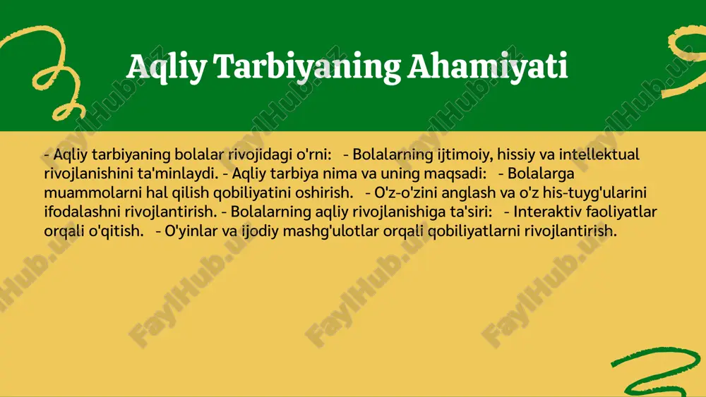 ash ularning rivojlanishiga yordam beradi. ota-onalar bolalarining qiziqishlarini kashf etishga va rivojlantirishga yordam berishlari muhim. ota-onalar uchun tavsiyalar: 1. bolalar bilan birga kitob o'qish. 2. ta'limiy o'yinlar o'ynash. 3. onlayn resurslardan foydalanish, masalan, ta'limiy veb-saytlar. aqliy tarbiyaning ijtimoiy ta'siri - aqliy tarbiyaning jamiyatdagi o'rni bolalarning ijtimoiy hayotga muvaffaqiyatli kirishlarini ta'minlaydi. - bolalar, aqliy rivojlanish orqali ijtimoiy muhitga moslashish qobiliyatini o'zlashtiradilar. - ijtimoiy vaziyatlarda o'z fikrlarini ifoda etish va boshqalar bilan muloqot qilish ko'nikmalarini rivojlantiradilar. - aqliy tarbiya bolalarga ijtimoiy ko'nikmalarni shakllantirishda yordam beradi. - bu ko'nikmalar ularga kelajakda muvaffaqiyatli insonlar bo'lishlariga zamin yaratadi. ilk yoshdagi bolalar uchun aqliy tarbiya ilk yoshdagi bolalarga aqliy tarbiya berishning asosiy usullari quyidagilardir: 1. o'yinlar: aqliy rivojlanishni qo'llab-quvvatlaydigan turli o'yinlar. 2. faoliyatlar: interaktiv faoliyatlar orqali bolalarning qiziqishini oshirish. 3. kreativ vazifalar: tasavvurlarini rivojlantirish uchun ijodiy vazifalar berish. bu usullar bolalarning kognitiv rivojlanishiga ijobiy ta'sir ko'rsatadi. maktabgacha yoshdagi aqliy tarbiya mazmuni - maktabgacha yoshdagi bolalar uchun …