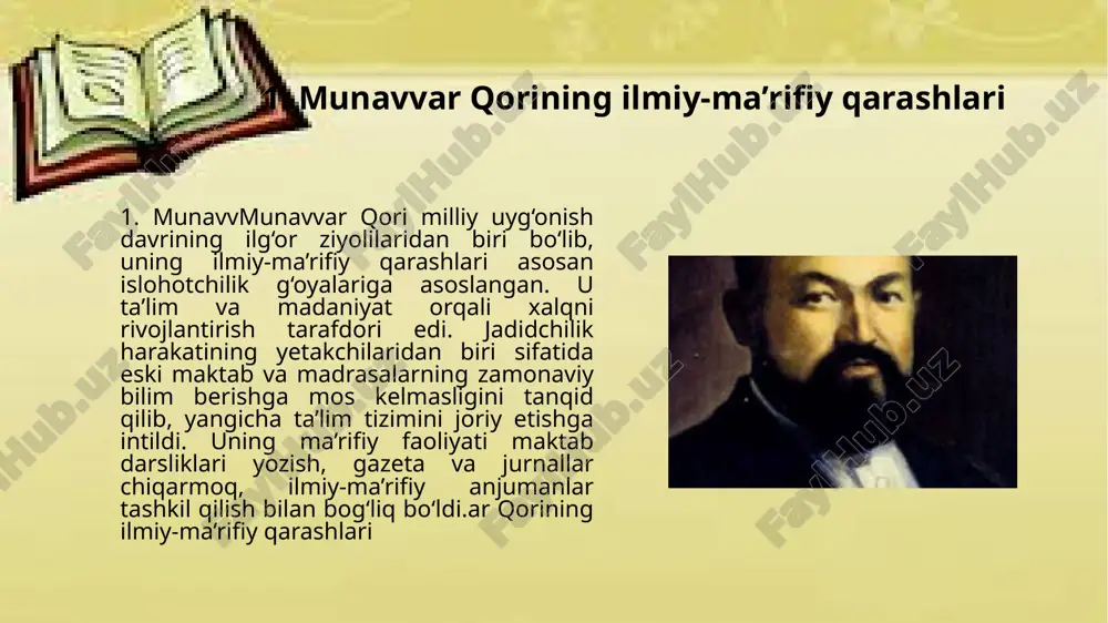 yatda amaliy o‘zgarishlar qilishni maqsad qiladi. bu ikki tushuncha o‘zaro bir-birini to‘ldiradi, chunki falsafiy g‘oyalar va islohotlar birga jamiyatni yaxshilashga yordam beradi. 3. ta’lim-tarbiyada yangilik va modernizatsiya. ta’lim-tarbiyada yangilik va modernizatsiya zamonaviy ta’lim tizimining yangilanishi va takomillashuvini anglatadi. bu jarayon ta’lim sifatini oshirish, o‘quvchilarni ilg‘or texnologiyalar bilan tanishtirish va pedagogik metodlarni yangilash maqsadida amalga oshiriladi. yangilik va modernizatsiya ta’limni zamon talablari va jamiyat ehtiyojlariga moslashtirishni nazarda tutadi. ta’lim tizimida yangiliklar va modernizatsiyaning asosiy yo‘nalishlari texnologiyalarning joriy etilishi, pedagogik yondashuvlarning o‘zgarishi, individual yondashuvning rivojlanishi va ta’limda axloqiy va ijtimoiy me'yorlarning ahamiyatini oshirishni o‘z ichiga oladi. kompyuterlar, internet va boshqa zamonaviy texnologiyalar o‘quv jarayonini yanada samarali va qiziqarli qilishga yordam beradi. an’anaviy o‘qitish usullari o‘rniga faol o‘quvchi markazli yondashuvlar qo‘llanilmoqda, bu o‘quvchilarning mustaqil fikrlash va jamoada ishlash ko‘nikmalarini rivojlantiradi. bundan tashqari, ta’lim tizimida shaxsiylashtirilgan yondashuvlar ham muhim ahamiyatga ega. o‘quvchilarni individual ehtiyojlari va imkoniyatlariga mos ravishda ta’lim olish imkoniyatini yaratish, ularning muvaffaqiyatli …