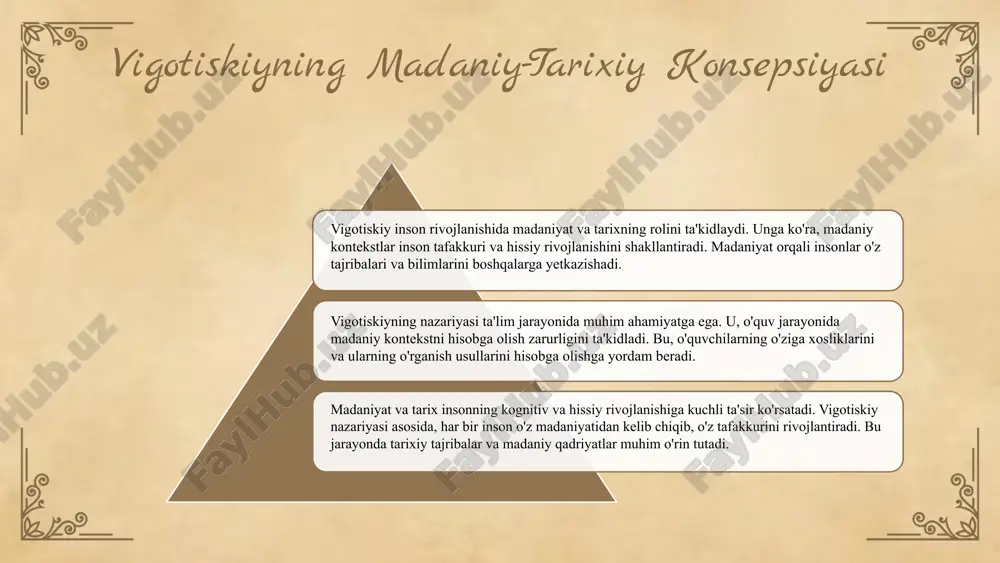 orqali o'quvchilar o'rtasida bilim almashinuvi va o'zaro ta'sirni kuchaytiradi. uchinchi misol esa, bu yondashuv kelajakda ta'lim jarayonlarida individual yondashuvning ahamiyatini oshirishdir. photo by margarida csilva on unsplash vigotiskiy nazariyasining asosiy g'oyalari lev seymonovich vigotiskiy nazariyasi, inson taraqqiyotini madaniy va tarixiy kontekstda o'rganishga qaratilgan. uning asosiy tushunchalari orasida ta'lim jarayonida madaniyatning ahamiyati, ijtimoiy muhit va tarixiy kontekstning ta'siri muhim o'rin tutadi. vigotiskiyning nazariyasi, ta'lim jarayonida o'quvchilarning madaniy va tarixiy kontekstini hisobga olish zarurligini ta'kidlaydi. bu yondashuv: - ta'lim samaradorligini oshiradi, - o'quvchilarning ijtimoiy va madaniy rivojlanishini qo'llab-quvvatlaydi. ta'limda madaniyat va tarixning roli: - o'quvchilarning fikrlash ko'nikmalarini rivojlantiradi, - o'zaro munosabatlarda ijtimoiy ko'nikmalarni oshiradi. vigotiskiy nazariyasi, o'quvchilarga o'z tarixiy va madaniy meroslarini tushunish imkonini beradi. zamonaviy ta'limda vigotiskiy nazariyasining tatbiqi vigotiskiy nazariyasi zamonaviy ta'limda quyidagi jihatlarda qo'llaniladi: - o'quvchilarning madaniy va tarixiy kontekstlarni tushunishi uchun muhim ahamiyatga ega. - o'qituvchilar uchun interaktiv va samarali ta'lim jarayonini ta'minlaydi. - ta'lim jarayonida talabalarning fikrini …