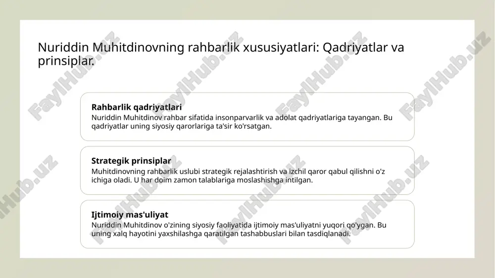 agan. 2 tarixiy yutuqlar - u o'zbekistonda iqtisodiy va ijtimoiy o'zgarishlarga olib kelgan, yangi siyosiy strategiyalar orqali xalqning farovonligini oshirishga intilgan. 3 siyosiy merosi - muhitdinovning rahbarlik merosi, o'zbekistonning zamonaviy siyosiy tarixida davom etmoqda, u davlatning rivojlanishida muhim yo'nalishlarni belgilab bergan. rahbar sifatida nuriddin muhitdinovning o'ziga xos yondashuvi. rahbarlik tamoyillari strategik qarorlar ijtimoiy mas'uliyat nuriddin muhitdinov rahbar sifatida shaffoflik va adolat tamoyillariga tayangan. bu, uning boshqaruvi ostida ishonchni oshirdi va ijtimoiy barqarorlikni ta'minladi. muhitdinov o'zining strategik qarorlar bilan tanilgan, har bir qadamni chuqur tahlil qilar edi. bu usul, davlatning rivojlanishiga ijobiy ta'sir ko'rsatdi. u ijtimoiy mas'uliyatni o'zining rahbarlik yondashuvining ajralmas qismi sifatida ko'rgan. bu, aholi farovonligini oshirishga qaratilgan loyihalar bilan namoyon bo'ldi. o'zbekiston tarixida muhitdinovning siyosiy o'zgarishlarga ta'siri. 1 o'zgarishlarga yetakchilik - nuriddin muhitdinov o'zbekistonda muhim siyosiy o'zgarishlarga rahbarlik qildi, hukumat tuzilishini isloh qilib, yangi siyosiy mexanizmlar yaratdi. 2 ikkinchi islohotlar - 1990-yillardan boshlab, muhitdinov o'zbekistonni bozorga integratsiya qilish uchun …