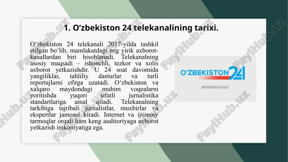 sabab va oqibatlarini tushuntirishdir. shuningdek, u rasmiy manbalar asosida aniq va faktlarga asoslangan axborot yetkazib, jamiyatda ishonchli ma’lumot olish madaniyatini shakllantirishga xizmat qiladi. oʻzbekistonning ijtimoiy, iqtisodiy, siyosiy va madaniy taraqqiyotini targʻib qilish, xalqaro hamkorlikni mustahkamlash va mamlakat imidjini oshirish ham telekanalning muhim yoʻnalishlaridan biridir. 3. efirdagi dasturlar va ularning yoʻnalishlari. oʻzbekiston 24 telekanali efirida turli yoʻnalishlardagi dasturlar namoyish etiladi. asosiy yoʻnalish axborot va tahlilga qaratilgan boʻlib, kunning muhim voqealari va jarayonlari haqida tezkor yangiliklar uzatiladi. tahliliy dasturlar esa siyosiy, iqtisodiy va ijtimoiy mavzulardagi dolzarb masalalarni keng muhokama qiladi. shuningdek, xalqaro hamkorlik, innovatsion rivojlanish, texnologik yangiliklar, madaniyat va san’at sohalariga oid maxsus ko‘rsatuvlar ham efirga uzatiladi. telekanalda intervyular, hujjatli filmlar, ekspertlarning fikrlari asosida tayyorlangan dasturlar ham namoyish etilib, tomoshabinlarga chuqur tahlil va aniq ma’lumot yetkazish maqsad qilingan. oʻzbekiston 24 telekanali efirida yangiliklar, tahliliy ko‘rsatuvlar, intervyular, hujjatli filmlar va maxsus reportajlar muntazam namoyish etiladi. yangilik dasturlari mamlakat va dunyoda sodir bo‘layotgan dolzarb …