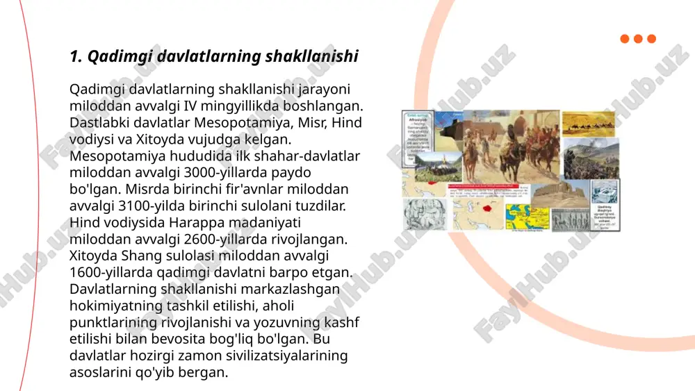langan. 8-asrda arablar istilosi natijasida islom madaniyati kirib kelgan va bu hududda yangi davlatchilik shakllari paydo boʻlgan. 9-10-asrlarda samanidlar davlati markaziy osiyoda ilk mustaqil musulmon davlati sifatida tanilgan boʻlib, buxoro uning poytaxti boʻlgan. ... t.me/slaydai_bot ahamoniylar saltanati miloddan avvalgi 550-330 yillarda mavjud bo'lgan eron imperiyasi bo'lib, fors hukmdori kir ii tomonidan asos solingan. saltanatning cho'qqisi doro i davrida bo'lib, u zamonaviy eron, iroq, misr, anadolu, va o'rta osiyo hududlarini o'z ichiga olgan. saltanatning boshqaruv tizimi yaxshi rivojlangan ma'muriy va yo'l tarmoqlari bilan ajralib turgan, uning poytaxti persepol bo'lgan. ahamoniylar davlatida zoroastrizm dini asosiy rol o'ynagan. 331 yilda iskandar zulqarnayn (aleksandr makedonskiy) tomonidan gaugamela jangida mag'lubiyatga uchrab, imperiya tugatilgan. saltanat erondagi birinchi va eng qudratli imperiyalardan biri bo'lib, u sharq va g'arb o'rtasidagi savdo va madaniy aloqalarni rivojlantirishga katta hissa qo'shgan. ... t.me/slaydai_bot 7. aleksandr makedonskiy imperiyasi aleksandr makedonskiy imperiyasi, miloddan avvalgi 336-yilda boshlanib, aleksandrning vafoti bilan miloddan avvalgi 323-yilda yakun …