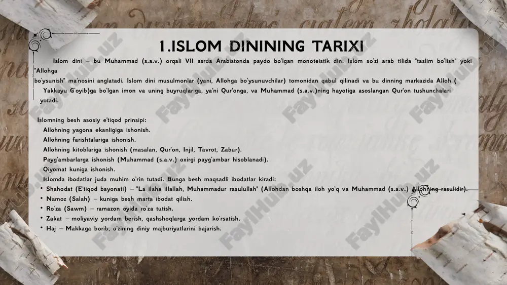 a.v.)ning so‘zlari, amallari va tasdiqlari bo‘lib, ular qur'onni tushunishda va islomni to‘g‘ri qo‘llashda yordam beradi. iymon (e'tiqod)iymon (e'tiqod) islomda e'tiqod (iymon) juda muhim rol o‘ynaydi. musulmonlar o‘z e'tiqodini besh asosiy prinsipga asoslaydilar. bu prinsiplar quyidagilardan iborat: allohga ishonish — allohning yagona ekanligiga va uning qudratiga ishonish. farishtalarga ishonish — farishtalar allohning xabarlarini olib keluvchi va uning buyruqlarini bajargan mavjudotlardir. qur'on va boshqa kitoblarga ishonish — qur'onni allohning so‘zi deb qabul qilish va avvalgi kitoblarga (injil, tavrot, zabur) ham ishonish. payg‘ambarlar va rasullarga ishonish — muhammad (s.a.v.)ni oxirgi payg‘ambar deb tan olish va avvalgi payg‘ambarlarni hurmat qilish (ibrohim, musa, iso). qiyomat kuniga ishonish — qiyomat kunida barcha amallar baholanadi, yaxshi amal qilganlar jannatga, yomon amal qilganlar esa jahannamga tushadi. islom dinining ta'limoti — bu allohning ko‘rsatmalariga asoslangan, jamiyatda adolat, axloqiy fazilatlar va ijtimoiy barqarorlikni ta'minlovchi ko‘rsatmalar to‘plamidir. islomda e'tiqodlar, ibodatlar, axloqiy normalar va jamiyatda o‘zaro hurmatga katta ahamiyat beriladi. musulmonlar o‘z …