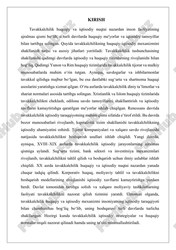 berilgan ruxsatnomalar orqali tavakkalchilikni kamaytirishga qaratilgan. moliyaviy huquqda esa investitsiyalar, kreditlar va boshqa moliyaviy operatsiyalar tavakkalchilikni boshqarish va xavflarni kamaytirish mexanizmlarini ishlab chiqadi. tavakkalchilik - bu noma'lum natijalarga ega bo‘lgan qarorlar qabul qilish jarayoni bo‘lib, insonning iqtisodiy, huquqiy, ijtimoiy va psixologik faoliyatida o‘z aksini topadi. har bir qaror, xususan, iqtisodiy faoliyatda, muayyan tavakkalchilikni o‘z ichiga oladi. tavakkalchilik insonlarning muayyan natijalarga erishish uchun qiladigan harakatlarida noaniqlik va xavf omillarini hisobga olishni talab qiladi. tavakkalchilikning huquqiy asoslari, asosan, insonlarning iqtisodiy va huquqiy faoliyatlarida tavakkalni boshqarish mexanizmlarini ta'minlashga qaratilgan. huquqiy nuqtai nazardan, tavakkalchilikni nazorat qilish va unga qarshi choralar ko‘rish davlat tomonidan belgilangan qonunlar va normativ huquqiy aktlar orqali amalga oshiriladi. huquqiy tizimda tavakkalchilik ko‘plab sohalarda, ayniqsa shartnoma tuzish, sug‘urta qilish, tijorat faoliyati va investitsiyalar bilan bog‘liq muammolarni tartibga solish orqali namoyon bo‘ladi. tavakkalchilikni huquqiy jihatdan boshqarish uchun shartnomalar asosida kelishuvlar tuziladi. bu kelishuvlarda, tomonlar o‘rtasidagi majburiyatlar, tavakkalchilikni taqsimlash va xavflarni minimallashtirish bo‘yicha …