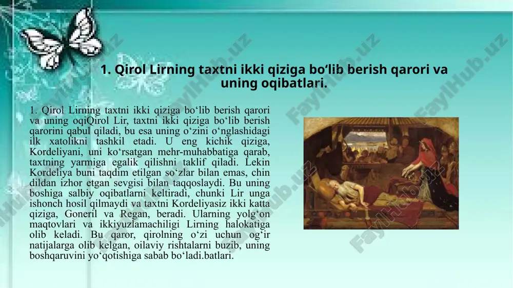 ir o‘zining avvalgi qudratiga qaytishni istasa-da, unga ko‘rsatilgan muomala, yolg‘izlik va uning qirollikdagi o‘rnining yo‘qolishi uni yanada chuqurroq qayg‘u va qarorlar qabul qilishga majbur qiladi. o‘zining o‘tmishdagi xatolarini tushunib yetganida, u endi nafaqat qirollikni, balki o‘zining ichki dunyosini ham yo‘qotganini anglaydi. lir taxtni qizlariga bo‘lib bergach, o‘zining qudratini va hukmronligini yo‘qotadi, bu esa uni yolg‘iz qoldiradi. qirollikni boshqarishdagi kuchini yo‘qotgan lir, oilaviy rishtalarining buzilishi natijasida o‘zini chinakam qayg‘u va iztirobda topadi. goneril va regan, u bilan bo‘lgan munosabatlarida unga shafqatsizlik ko‘rsatib, uning hayotini yanada qiyinlashtiradilar. lirning qarorlaridan so‘ng o‘zini to‘liq izolyatsiya qilingan va cheksiz yolg‘iz sezadi. har bir o‘zi bilan bo‘lgan muloqot, qizlari tomonidan so‘nggi qarorlarga tayanib, uning ichki ruhiy holatini yanada murakkablashtiradi. u avvalgi o‘rni va hurmatni yo‘qotib, o‘zining qirollikdagi hokimiyatini va jamiyatdagi pozitsiyasini to‘liq yo‘qotadi. lir o‘zining ichki iztirobi va yolg‘izligi bilan kurashishga harakat qilsa ham, oxir-oqibat u bundan qocholmaydi, bu esa uni yanada chuqurroq inqirozga olib keladi. …