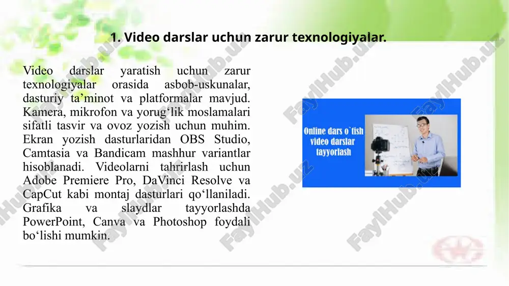 rakligini aniqlash zarur. bu darsning natijalari aniq bo‘lishi va o‘quvchilarga qanchalik ta’sir qilishini ko‘rsatishi kerak. o‘quvchilarning o‘zlashtirishini baholash. dars davomida o‘quvchilarning qanchalik bilim olganini tekshirish usullarini rejalashtirish. bu sinovlar, amaliy mashqlar yoki guruh ishlari orqali amalga oshirilishi mumkin. darsning tuzilishini belgilash. darsni qanday boshlash, o‘rgatish jarayonini qanday olib borish va qanday tugatishni belgilash kerak. o‘quvchilarning faol ishtirokini ta’minlash va darsning samaradorligini oshirish uchun har bir qadamni rejalashtirish muhimdir. 3. videoni yozib olish va montaj qilish. videoni yozib olish yaxshi sifatli video olish uchun to‘g‘ri kamera yoki qurilmadan foydalanish zarur yoritish va kompozitsiyani e’tiborga olish kerak shuningdek ovoz sifatini ham tekshirish muhimdir yozuvni boshlashdan oldin kamera yoki mobil qurilmada joylashishni va kadrni sozlashni unutmang montaj qilish yozilgan videoni tahrir qilish jarayoni videoning uzunligini qisqartirish keraksiz qism va xatoliklarni olib tashlashni shuningdek videoga vizual va ovozli effektlar qo‘shishni o‘z ichiga oladi montaj uchun professional dasturlar masalan adobe premiere pro yoki final cut …