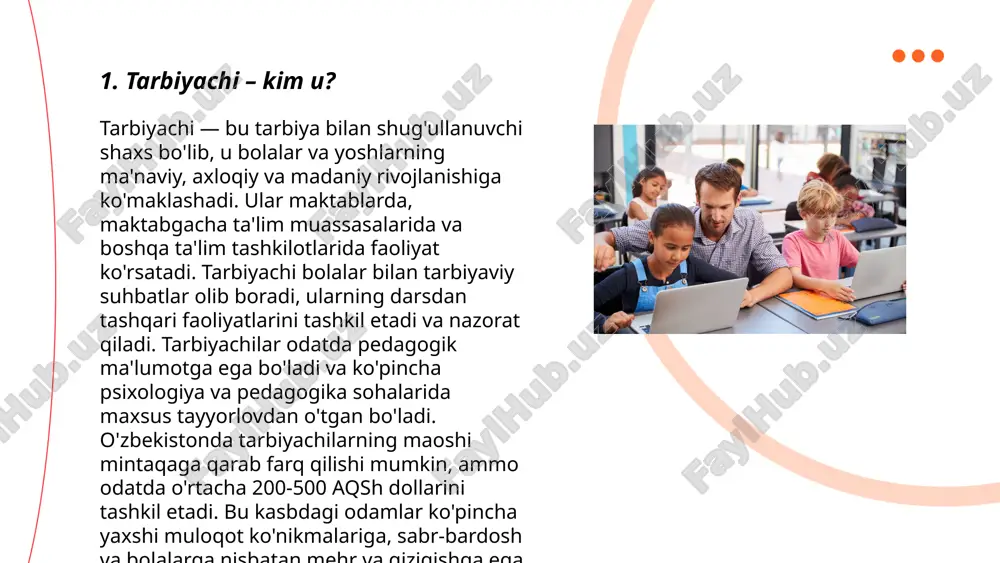 larni rivojlantirish uchun individual yondashuv qo‘llashni bilishlari kerak. o‘quv muassasalarida tarbiyachilar kamida bakalavr darajasiga ega bo‘lishlari maqsadga muvofiq. statistikaga ko‘ra, yuqori malakali tarbiyachilar ishlayotgan maktablardagi o‘quvchilar natijalari yaxshiroq bo‘lishi kuzatiladi. shu sababli, tarbiyachilar doimiy ravishda o‘z bilimlarini yangilab borishlari lozim. ... t.me/slaydai_bot tarbiya va taʼlimning birlashgan samaradorligi taʼlim tizimining barcha bosqichlarida muhim ahamiyat kasb etadi. rivojlangan davlatlarda taʼlim sifati va samaradorligi ko'rsatkichi yuqori bo'ladi. masalan, 2023-yilda oʻtkazilgan tadqiqotlarga koʻra, skandinaviya davlatlarida boshlangʻich va oʻrta taʼlimda oʻquvchilarning 85-90% i yuqori natijalarga erishgan. samaradorlikni oshirish maqsadida raqamli texnologiyalarni joriy etish tendensiyasi o‘sib bormoqda. jahon bankining ma'lumotlariga ko'ra, rivojlanayotgan mamlakatlarda o‘quvchilarning faqat 50-60% i sifatli taʼlim olish imkoniga ega. 2021-yilgi statistika asosida mamlakatlar o‘rtasida o‘quvchi-soniga to‘g‘ri keladigan o‘qituvchilar soni oʻrtacha 1:25 ni tashkil etadi, ammo bu koʻrsatkich skandinaviyada 1:15 ga tengdir. integratsiyalangan yondashuv esa taʼlim va tarbiyani samarali birlashishiga yordam beradi. ... t.me/slaydai_bot 7. tarbiyachining axloqiy masʼuliyati tarbiyachining axloqiy masʼuliyati bolalar va o'smirlarning …