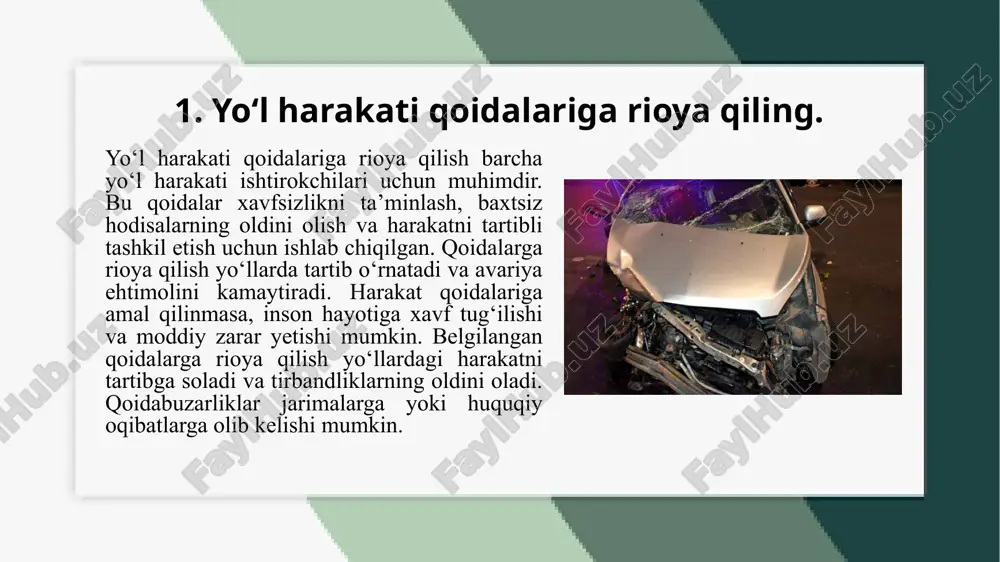 likni ta’minlash maqsadida joriy etilgan. qoidabuzarlik uchun jarima qo‘llanilishi, yo‘l harakatida tartibni saqlashga va qonunlarga hurmatni oshirishga yordam beradi. yo‘l harakati qoidalarini buzgan haydovchilar va boshqa ishtirokchilarga jarima belgilanishi mumkin. tezlikni oshirish, svetofor va yo‘l belgilari talablariga rioya qilmaslik, mast holda transport vositasini boshqarish, piyodalarga yo‘l bermaslik, parkovka qoidalarini buzish kabi harakatlar jarima bilan jazolanadi. qoidabuzarlikka jarima qo‘llanadi, bu esa yo‘l harakati qoidalariga rioya qilmaganlik uchun belgilangan jazo turidir. jarima, qoidabuzarliklarning oldini olish va yo‘l harakati xavfsizligini ta’minlashda muhim vositadir. har bir haydovchi va yo‘l ishtirokchisi qoidalarni buzmasligi kerak, aks holda ular jazo sifatida jarimaga tortilishi mumkin. harakatda tezlikni oshirish, svetofor va yo‘l belgilari talablariga amal qilmaslik, mast holda transport vositasini boshqarish, piyodalarga yo‘l bermaslik yoki parkovka qoidalarini buzish kabi xatolar jazo bilan jazolanadi. bunday jarimalar, harakatni tartibga solish va xavfsizlikni oshirishga xizmat qiladi. qoidabuzarlikka jarima qo‘llanadi, chunki yo‘l harakati qoidalariga rioya qilmaslik, nafaqat haydovchining, balki barcha yo‘l ishtirokchilarining xavfsizligini …