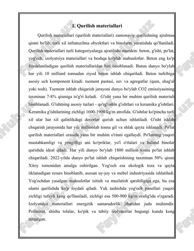 uqurlik poydevori: bu turdagi poydevor odatda yirik binolar uchun ishlatiladi. u yer ostiga chuqur ornatiladi va yukni keng maydonga taqsimlaydi. - tezlik poydevori: eng kop ishlatiladigan turi. to'g'ridan-to'g'ri yer ustiga ornatiladi va kichik va orta olchamli binolar uchun javob beradi. 2. devordor: devorlar binoni shakllantiruvchi asosiy elementlar bolib, ular tashqi va ichki makonni ajratadi. devorlarning turlari quyidagilardir: - kotargich devorlar: binoning ogirligini tashiydigan devorlar. - boluvchi devorlar: ichki makonni zonalarga boluvchi, lekin yuk tashimaydigan devorlar. - parapet devorlar: tom konstruktsiyasini uzaytirish uchun ishlatiladi, xavfsizlik va shamolga chidamlilikni taminlaydi. 3. pol: pol binoning ichki qismini tashkil etadi va odamlar yurishi uchun asos boladi. polning turlari: - yogoch pol: ananaviy va engil, ammo namlikka chidamsiz. - temir-beton pol: bardoshli va yuklarga chidamli, zamonaviy binolar uchun keng qollaniladi. - keramik plitka: govak tarkibga ega bolgan materiallardan foydalaniladi va asosan hojatxona va hammomlarda ishlatiladi. 4. tom: tom binoni yuqori qismini yopuvchi qatlam bolib, ob-havo …