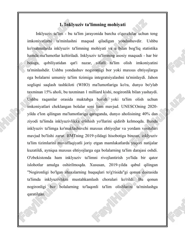bo'lgan o'quvchilarni belgilaydi. maxsus ta'lim ehtiyojlari (mte) odatda nogironligi bo'lgan, o'rganish qiyinchiliklari yoki inson salohiyatini to'liq ochishga to'sqinlik qilishi mumkin bo'lgan boshqa omillarga ega o'quvchilarni o'z ichiga oladi. maxsus ta'lim ehtiyojlari bor bolalarni qo'llab-quvvatlash uchun mo'ljallangan ta'lim tizimlari global miqyosda mavjud, biroq har bir mamlakatda uning qamrovi va yondashuvi turlicha bo'lishi mumkin. xalqaro miqyosda, birlashgan millatlar tashkilotining inson huquqlari ustavi, bola huquqlari konvensiyasi va nogironlar huquqlari konvensiyasi singari xalqaro hujjatlar maxsus ta'lim ehtiyojlari bor bolalarning ta'lim olish huquqini ta'minlashga urinadi. o'zbekistonda ham maxsus ta'lim ehtiyojlari bor bolalarning ta'lim olish jarayoni muhim ahamiyatga ega. o'zbekiston respublikasi ta'lim vazirligi ma'lumotlariga ko'ra, har yili minglab o'quvchilar maxsus ta'lim ehtiyojlari bo'yicha turli qo'llab-quvvatlash shakllarini oladi. bu bolalar uchun maxsus maktablar, maxsus sinflar yoki inkluziv ta'lim muassasalari mavjud. 2019-yilda o'zbekistonda taxminan 20 ming bola maxsus maktablarda ta'lim olganligi qayd etilgan. bundan tashqari, maxsus ta'lim ehtiyojlari toifasiga kiruvchi bolalar uchun turli qo'llab-quvvatlash xizmatlari ko'rsatiladi. bunday xizmatlarga …