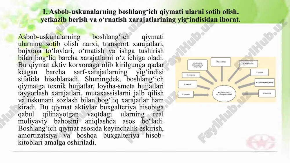 sk bilan bog‘liq bo‘ladi. diskontlash orqali bu risklar inobatga olinadi va har qanday kelajakdagi tushum hozirgi narx bilan solishtirishga yaroqli shaklga keltiriladi. bu yondashuv asosida qabul qilingan qarorlar iqtisodiy jihatdan asosliroq va aniqroq bo‘ladi, chunki ular vaqt va pul qiymatidagi farqni hisobga oladi. diskontlangan qiymat qanchalik yuqori bo‘lsa, loyiha yoki sarmoyaning bugungi kundagi ahamiyati shunchalik katta bo‘ladi. 3. mol-mulkning balans qiymati — bu boshlang‘ich qiymatdan eskirish summasi ayirib tashlanganidan keyingi qiymatdir. mol-mulkning balans qiymati — bu asosiy vosita yoki boshqa aktivning hisobda ko‘rsatilgan joriy qiymatini bildiradi. u mol-mulkning dastlabki, ya’ni xarid yoki qurilish vaqtidagi qiymatidan uning eskirish yoki amortizatsiya summasi ayirib tashlangach hosil bo‘ladi. balans qiymati korxonaning bu aktivdan foydalangan muddati davomida qancha qismi ishlatilganini va qancha qismi hali foydalanishga yaroqli ekanini ko‘rsatadi. bu qiymat moliyaviy hisobotlarda aktivlarning hozirgi holatini aniqlashda, ularni sotish, almashtirish yoki boshqa iqtisodiy qarorlar qabul qilishda muhim ahamiyatga ega. mol-mulkning balans qiymati — bu aktivning hozirgi …