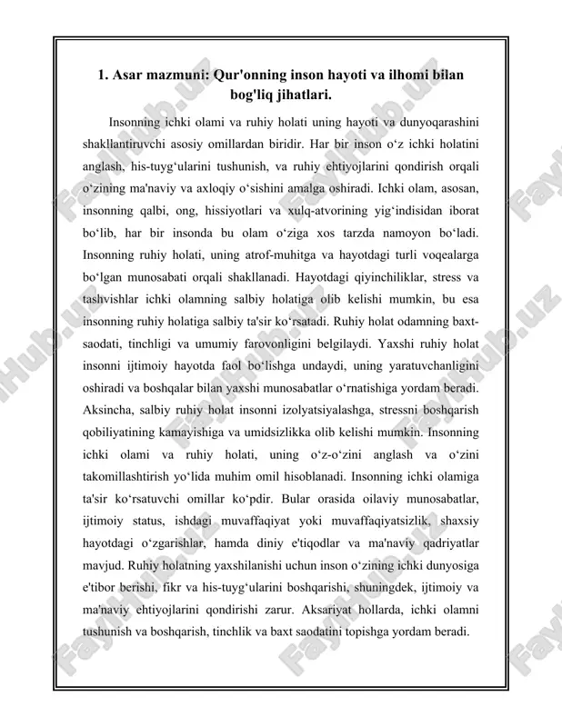 ni ham oshiradi. inson o‘zining ichki olamini anglab, uning muvozanatini saqlash orqali nafaqat o‘zini, balki atrofidagi dunyoni ham o‘zgartirishi mumkin. insonning ichki olami va ruhiy holati uning hayoti, qarorlar qabul qilish jarayonlari va boshqalar bilan munosabatlarining shakllanishida muhim o‘rin tutadi. ichki olam insonning o‘zini anglash jarayoni, uning his-tuyg‘ulari, ongli va be’ ongli holatlari, shuningdek, ijtimoiy va ma'naviy qadriyatlar bilan bog‘liqdir. har bir inson o‘z ichki olamini tushunib, uning haqiqiy mohiyatini anglashga intiladi. ichki olamni anglash, insonning o‘z-o‘zini rivojlantirishida, dunyoqarashining shakllanishida va hayotga bo‘lgan yondashuvida yordam beradi. insonning ruhiy holati uning dunyoqarashini belgilaydi. hayotdagi turli holatlar, stress va tashvishlar uning ruhiy holatiga salbiy ta'sir ko‘rsatishi mumkin. shuning uchun, ruhiy holatni ijobiy saqlash va ichki tinchlikni topish har bir insonning hayotida juda muhimdir. ruhiy barqarorlik va ichki tinchlik, insonning o‘zini his qilishida, atrof-muhitga bo‘lgan munosabatida va boshqalar bilan o‘zaro aloqalarida ham sezilarli ta’sir ko‘rsatadi. masalan, ijobiy ruhiy holatga ega bo‘lgan insonlar ko‘pincha …