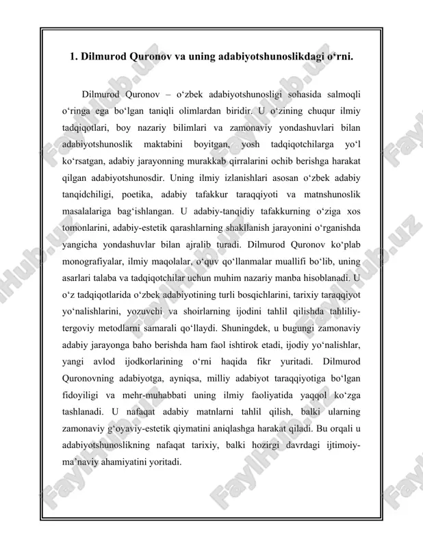 loqani ko‘rsatishda e’tiborga loyiq g‘oyalarni ilgari surgan. uning ilmiy merosi orqali bugungi o‘zbek adabiyotshunosligi yangi bosqichga ko‘tarilgan desak, mubolag‘a bo‘lmaydi. dilmurod quronov zamonaviy adabiyotshunoslikni tarixiylik va innovatsionlik uyg‘unligida rivojlantirayotgan yetuk olimlardan biri sifatida yuksak baholanadi. dilmurod quronovning adabiyotshunoslikdagi yondashuvi ko‘proq matn ichidagi ma’no qatlamlarini ochishga, badiiy asarning g‘oyaviy-estetik mohiyatini teran tahlil qilishga qaratilgan. u har bir adabiy asarni jamiyat, zamon va ijodkor ongining mahsuli sifatida ko‘radi va shuning uchun ham uning tahlillari faqat matn bilan cheklanmaydi, balki tarixiy, ijtimoiy va madaniy kontekstni ham qamrab oladi. uning ilmiy uslubi mantiqiy aniqlik, dalillarga tayanish, izchil fikrlash va aniq xulosalar bilan ajralib turadi. quronov o‘z maqolalarida muallif shaxsiyatini, asarning yozilish motivlarini, uning davr uchun qanday ijtimoiy yoki madaniy ahamiyatga ega bo‘lganini chuqur ochib beradi. ayniqsa, u o‘zbek adabiy tanqidchiligi tarixiga katta e’tibor qaratgan. shu asosda turli davr adabiyotshunoslarining qarashlarini tahlil qilgan, ularning ilmiy-estetik qarashlarini qiyosiy tahlil qilib, o‘zbek adabiyotshunoslik maktabining shakllanish bosqichlarini ilmiy …