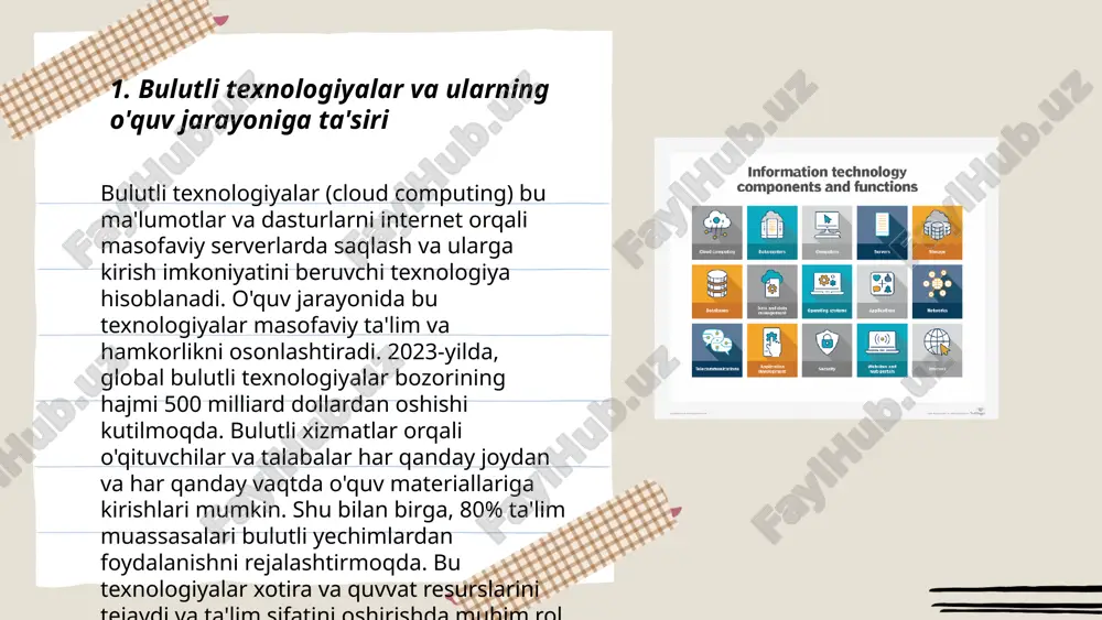 radi. ... t.me/slaydai_bot bulutli texnologiyalar ta'lim axborot tizimlarida turli usullar bilan joriy etilmoqda. ma'lumotlarga ko'ra, 2022-yilda dunyo bo'ylab ta'lim sektorida bulutli xizmatlardan foydalangan tashkilotlarning soni 70% ga yetgan. bulutli texnologiyalarni joriy etish 40% ga ortiqcha xarajatlarni qisqartirishga yordam beradi. shu bilan birga, foydalanuvchilarning ma'lumotlaridan xavfsiz foydalanish darajasi 60% ga oshgan. ta'lim jarayonlarini optimallashtirish natijasida o'qituvchilar 30% ko'proq vaqtni ta'lim sifatini yaxshilashga sarflash imkoniga ega bo'lmoqda. bulutli xizmatlar yordamida interaktiv ta'lim dasturlari soni ham ortmoqda, bu esa o'quvchilar uchun 35% ga samarador ta'lim olish imkonini yaratmoqda. ... t.me/slaydai_bot interaktiv ta'lim vositalari va bulutli texnologiyalar zamonaviy ta'lim jarayonida muhim ahamiyatga ega. interaktiv vositalar, masalan, elektron doskalar va raqamli o'quv materiallari, o'quvchilarni faol ishtirokchi sifatida jalb etadi. shu bilan birga, bulutli texnologiyalar saqlash, qayta ishlash va materiallarga uzoq masofadan kirishni ta'minlaydi. statistika ko'rsatishicha, dunyo bo'ylab 2022 yilda bulutli xizmatlar bozorining qiymati $482 milliardga etdi. ta'lim sohasida bulutli platformalar orqali o'qitish 2025 yilga borib …