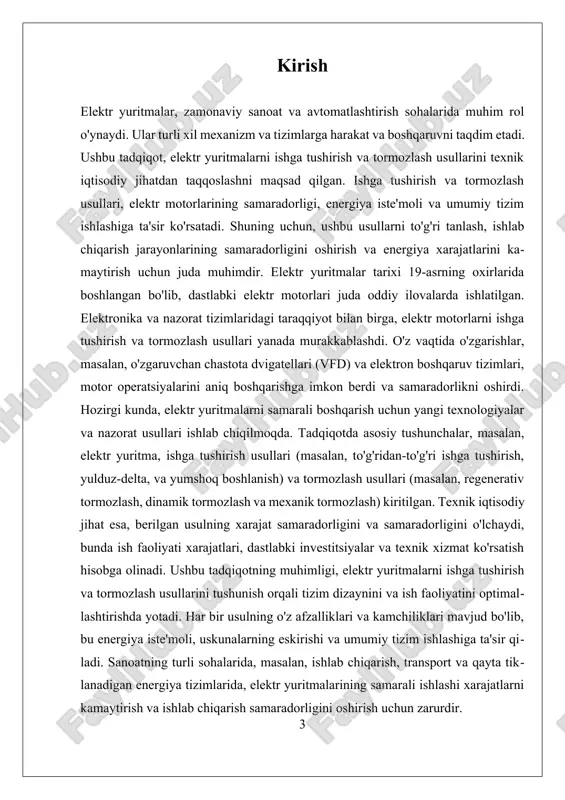 in. avtomatlashtirish va energiya samarali operatsiyalarga o'tish jarayonida, optimallashtirilgan elektr yuritma tizimlariga bo'lgan talab oshib boraveradi. xulosa qilib aytganda, elektr yuritmalarni ishga tushirish va tormozlash usullarini texnik va iqtisodiy jihatdan taqqoslash tizim samaradorligini oshirish va ish faoliyatini kamaytirish uchun muhimdir. davom etayotgan tadqiqotlar va texnologik taraqqiyot, mavjud muammolarni hal qilishda va elektr yuritmalar samaradorligini oshirishda muhim rol o'ynaydi. sanoat muhitining rivojlanishi bilan, ushbu usullarni tushunish ahamiyati ortadi va kelajakda yanada barqaror va xarajatlarni kamaytiruvchi yechimlarga yo'l ochadi. i. ishga tushirish usullarining samaradorligini tahlil qilish 1.1 ishga tushirish usullarining tahlili. ishga tushirish usullari elektr yuritmalarni samarali va ishonchli ishlashini ta'minlashda muhim rol o'ynaydi. ushbu usullar motorning ishga tushirish jarayonini boshqarish va energiya iste'molini optimallashtirish maqsadida ishlab chiqilgan. har bir usulning o'ziga xos afzalliklari va kamchiliklari mavjud bo'lib, ularning texnik va iqtisodiy jihatlari tadqiqot obyekti sifatida ko'rib chiqilishi lozim. elektr motorlarini ishga tushirishning eng keng tarqalgan usullari orasida to'g'ridan-to'g'ri ishga tushirish (dol), …