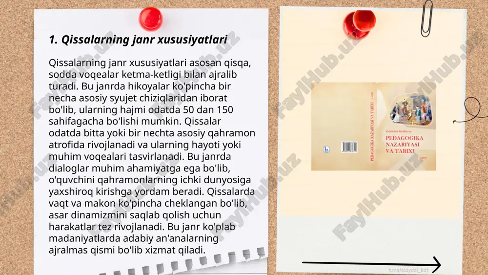 xloqiy saboqlarni yetkazadi, masalan, ezopning masallari turli hayvon qahramonlari orqali insoniy fazilatlarni o‘rgatadi. azerbaijon adabiyotida nasriddin afandi qissalari katta allegorik ma'noga ega bo'lib, oddiy voqealar orqali chuqur hayotiy haqiqatlarni aks ettiradi. ... t.me/slaydai_bot "timsollar orqali talqin" mavzusi timsollarni (ya'ni, simvollar yoki belgilarni) analiz qilish yoki tushunishni anglatadi. timsollar odatda turli madaniyatlar va dinlarda chuqur ma'noga ega bo'ladi. masalan, o'zbek madaniyatida oq rang poklikni, qora rang esa motamni anglatadi. qur’onda 99 ta allahning nomlari ham turli sifatlar va harakatlarni ifodalaydi. boshqa misol: sher jasorat va qudrat timsoli sifatida qo‘llanadi, ayniqsa, o'rta osiyo xalqlari orasida. raqamlar ham timsollar sifatida ishlatilishi mumkin, masalan, 7 raqami ko'pincha muqaddaslikni ifodalaydi, chunki u ko'plab dinlarda va qadimiy tushunchalarda muhim ahamiyat kasb etgan. bu tushunchalarni tahlil qilish jamiyat mentalitetni va tarixini yaxshiroq tushunishga yordam beradi. ... t.me/slaydai_bot 7. dialog va nutq madaniyati dialog va nutq madaniyati insonlar o'rtasidagi samarali muloqot uchun muhim ahamiyatga ega, bu jarayonda to'g'ri …