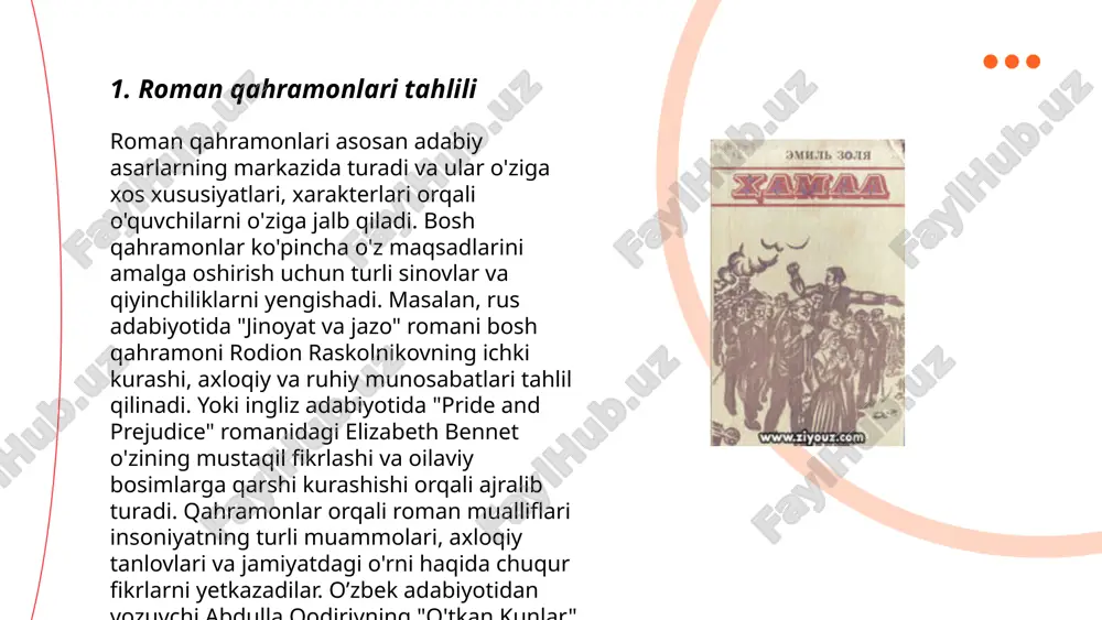 rchilikda ekologik toza va energiya tejamkor qurilish usullari qo'llanmoqda, bu esa barqaror rivojlanishni ta'minlashga yordam beradi. ... t.me/slaydai_bot realizm adabiyotda va san'atda haqiqatni iloji boricha to‘g‘ri aks ettirishni maqsad qilgan yo‘nalishdir. bu yo‘nalish xix asrning ikkinchi yarmida shakllangan. realizmda jamiyat, shaxs, va turli muammolar real holatda tasvirlanadi. realizmning asoschisi sifatida fransada oygen de lamartin, angliyada charlz dikkens, rossiyada lev tolstoy kabi yozuvchilar qayd etiladi. realizm elementlari asosan aniq va batafsil tasvir, ijtimoiy va psixologik tahlillar, zamonga xos muammolarni ko‘rsatish orqali namoyon bo‘ladi. realizmda obrazlarning hayoti va faoliyati realistik kontekstda tasvirlanadi, bu orqali o‘quvchilar yoki tomoshabinlar turmush haqiqatiga yaqin bo‘ladi. ... t.me/slaydai_bot 7. oila va jamiyat munosabatlari oila va jamiyat munosabatlari mavzusida, oilaning jamiyatdagi o‘rni muhimdir. ayni damda o‘zbekiston aholisi tahminan 36 millionni tashkil etadi. o‘zbekistonda 2019 yilgi statistik ma’lumotlarga ko‘ra, oilalarning o‘rtacha kattaligi 4,9 kishini tashkil etgan. oilaviy qadriyatlar va an’analar jamiyatni mustahkamlovchi asosiy omildir. milliy statistika qo‘mitasi ma’lumotlari bo‘yicha, …