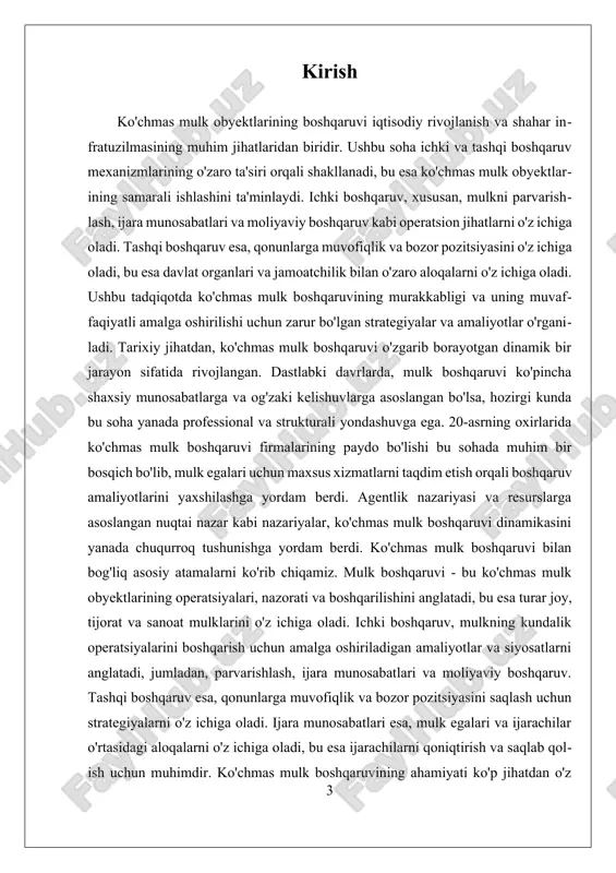 arurligini ko'rsatadi. ushbu tadqiqot ichki boshqaruv strategiyalari va ularning ta'sirini, tashqi boshqaruv va huquqiy muvofiqlik masalalarini, hamda texnologiyalar yordamida ko'chmas mulk boshqaruvini o'rganishga qaratilgan. tadqiqotning maqsadi, ko'chmas mulk boshqaruvining samaradorligini oshirish va jamoatchilikning umumiy farovonligini ta'minlash uchun zarur bo'lgan strategiyalarni aniqlashdir. bu o'z navbatida, ko'chmas mulk obyektlarining muvaffaqiyatli boshqaruvini ta'minlashga yordam beradi. i. ichki boshqaruv strategiyalari va ularning ta'siri ichki boshqaruv strategiyalari ko'chmas mulk obyektlarining samarali va muvaffaqiyatli ishlashida muhim ahamiyatga ega. ushbu strategiyalar, asosan, mulkni qulay va samarali boshqarish, ijarachilar bilan o'zaro munosabatlarni yaxshilash, va moliyaviy nazoratni ta'minlashga qaratilgan. ichki boshqaruv strategiyalarining asosiy ko'rinishlari quyidagilarni o'z ichiga oladi: har qanday ko'chmas mulk obyekti uchun texnik xizmat ko'rsatish, ijarachilar bilan muloqot va ular bilan aloqalarni boshqarish, moliyaviy monitoring va xodimlarning malakasini oshirish. birinchi navbatda, texnik xizmat ko'rsatish strategiyalari ko'chmas mulk obyekti sifatini ta'minlash va uning qadrini oshirish uchun zarur. mulkni boshqarish jarayonida muntazam texnik xizmat ko'rsatish va ta'mirlash ishlarini amalga …