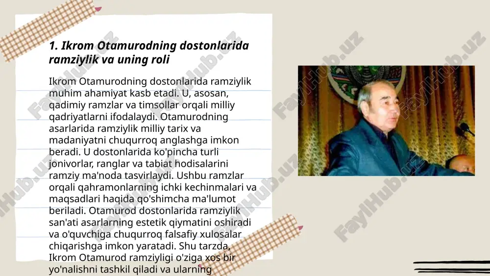 . o’zbek milliy bayrog’i ham asosiy ramzlardan biri bo'lib, unda to'rt rang mavjud: ko’k, oq, yashil va qizil. ushbu ranglar tarixiy, madaniy va diniy ma’nolarni o’zida jam etadi. yana, sumalak xalq bayramlarining ramzi bo’lib, birlik va mehr-oqibatni ifodalaydi. shu bilan birga, navro’z bayramining nishonlanishi o’zbeklar uchun qadimiy an’analarning davomiyligini ta’minlaydi. ramziylik qadriyatlarni nafaqat saqlab qoladi, balki avlodlar o’rtasida uzluksiz bog’lanishni ham ta’minlaydi. ... t.me/slaydai_bot simvolik unsurlar va obrazlar san'at va adabiyotda ma'no etkazish uchun muhim ahamiyatga ega. bu usul orqali mualliflar o'z asarlaridagi mazmunni boyitib, chuqurroq tushuncha va his-tuyg'ularni etkazishadi. simvolik unsurlar bu kontekstga qarab turli ma'nolarni anglashi mumkin. misol uchun, oq rang ko'pincha tozalik yoki begunohlikni, qora esa qayg'u yoki sirli holatlarni ifodalaydi. obrazlar orqali afsonalar, tarixiy voqealar yoki insonning ichki kechinmalarini tasvirlash mumkin. simvolik unsurlar matnni boyitib, o'quvchilarda turli tushunchalar va tahlil qilish imkoniyatini yaratadi. natijada, asarlarni o'qigan paytda kishi o'zicha talqin qilish imkoniyatiga ega bo'ladi, bu esa …
