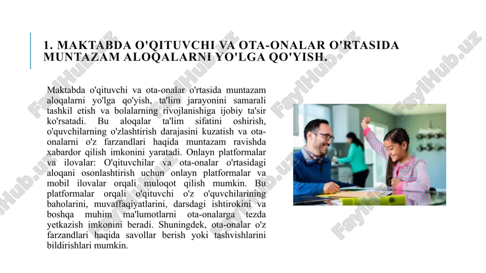 ayonida ota-onalarning faol ishtirokini oshirish uchun, ularga mo'ljallangan treninglar va seminarlar tashkil etish mumkin. bunday treninglar ota-onalarga farzandlarining o'qishiga qanday yordam berish, ularning ehtiyojlarini qanday aniqlash va ta'lim jarayoniga qanday qo'shilish kerakligi haqida ma'lumot berishi kerak. ota-onalar uchun maxsus psixologik yoki pedagogik treninglar, bolalar bilan muloqot qilish va ta'lim jarayonini boshqarish bo'yicha ko'nikmalarni rivojlantirishga yordam beradi. ota-onalar bilan muntazam uchrashuvlar: ota-onalar uchun alohida dastur sifatida, ular bilan muntazam ravishda uchrashuvlar va fikr almashish sessiyalarini tashkil etish mumkin. bu uchrashuvlarda o'qituvchilar va ota-onalar bolalarning ta'limidagi muammolarni muhokama qilib, kelgusidagi rejalashtirilgan tadbirlar va o'quvchilarning rivojlanish strategiyalarini belgilashlari mumkin. ota-onalar o'z farzandlari haqida ma'lumot olishlari, darslarga qanday yaxshiroq yondashish haqida fikr almashishlari mumkin. raqamli kuzatuv tizimlari: ota-onalar uchun raqamli kuzatuv tizimlari yaratish, ularni farzandlarining darsdagi ishtirokini, baholarini, darslarni o'tkazish natijalarini va boshqa muhim ko'rsatkichlarni kuzatishga imkon beradi. bunday tizimlar ota-onalarga farzandlarining o'qishdagi muvaffaqiyatlarini vaqtida baholash, yordam berish va zarur bo'lganda qo'llab-quvvatlash choralarini ko'rish …