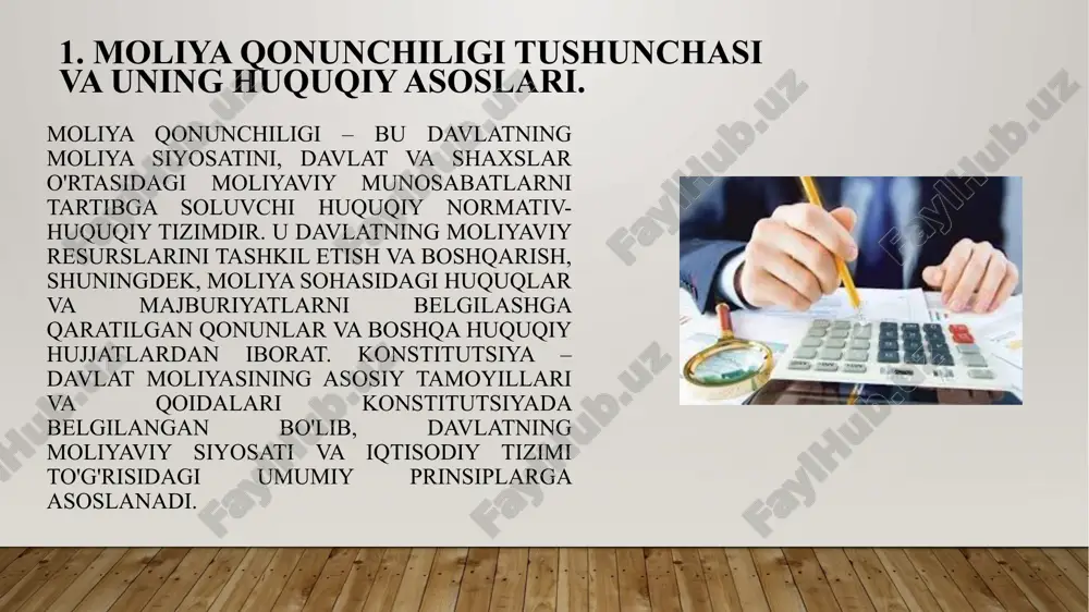 ilotlar o'rtasidagi moliyaviy huquqiy munosabatlarni belgilovchi normativ-huquqiy hujjatlar va aktlardir. moliya huquqining manbalari davlatning moliyaviy siyosatini, soliqlar, byudjet, davlat qarzi va boshqa moliyaviy masalalarni tartibga solish uchun muhim ahamiyatga ega. ular huquqiy tizimda belgilangan qoidalar, normativlar va tartib-qoidalarga asoslanadi. konstitutsiya – davlatning asosiy hujjati bo‘lib, moliya huquqining eng muhim manbalaridan biridir. qonunlar – moliya huquqining asosiy manbalari bo‘lib, davlat tomonidan belgilangan moliyaviy siyosatni amalga oshirishga asos bo‘ladi. bu qonunlar davlatning soliq tizimini, byudjetni, davlat qarzini boshqarishni va boshqa moliyaviy jarayonlarni tartibga soladi. o‘zbekiston respublikasi soliq kodeksi, byudjet kodeksi, moliya kodeksi va boshqa moliya qonunlari shu turga kiradi. prezident farmonlari va qarorlari davlat moliyasini boshqarish va tartibga solish masalalarida kuchli huquqiy ta'sir ko‘rsatadi. ular davlat moliyaviy siyosatiga doir aniq chora-tadbirlarni belgilaydi va amalga oshirilishini ta'minlaydi. farmonlar va qarorlar moliya huquqi tizimida muhim o‘rin tutadi va qonunlarning bajarilishi uchun zaruriy asosni ta'minlaydi. hukumat qarorlari va farmoyishlari davlatning moliyaviy siyosatini amalga oshirishda asosiy …