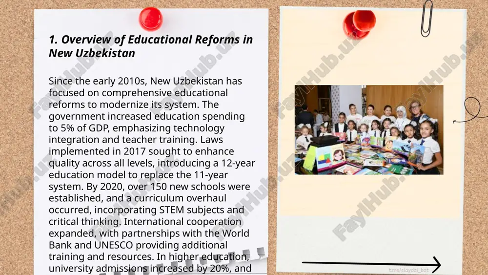 was expanded, introducing a compulsory 12-year education system. investments were made in infrastructure, increasing the number of schools and improving facilities. between 1991 and 2010, educational expenditure rose significantly, reaching approximately 7% of the gdp. the government emphasized technical and vocational education, with over 1,500 professional colleges established by 2010. curriculum reforms were introduced to align with international standards, including the introduction of ict in education. teacher training programs were enhanced to improve teaching quality, and large-scale textbook renovations were implemented. ... t.me/slaydai_bot the development of higher education in uzbekistan has seen significant growth since its independence in 1991. the number of higher education institutions has increased from 42 to over 125 by 2023. enrollment in higher education has also risen, with student numbers exceeding 370,000. the government has allocated substantial funding to modernize facilities and curricula, increasing annual educational spending to enhance quality and accessibility. recent reforms have introduced …