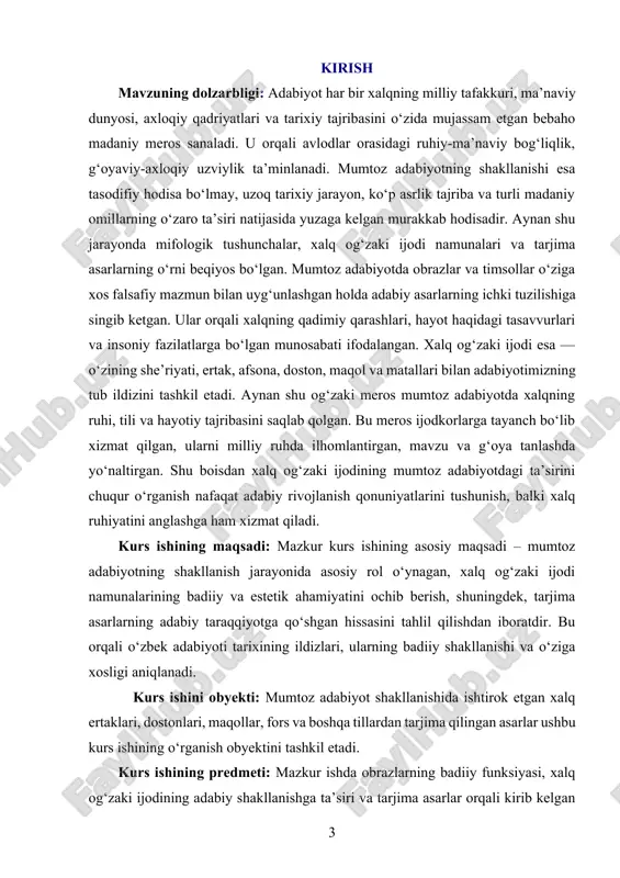 hamiyati: ushbu kurs ishi mumtoz adabiyotning shakllanishida asosiy omillar bo‘lgan, xalq og‘zaki ijodi va tarjima asarlarning o‘rnini tahlil qilish orqali adabiy jarayonlarning chuqur ildizlariga nazar tashlash imkonini beradi. mavzuni o‘rganish adabiyotshunos talabalar uchun badiiy tafakkur, obrazlar tizimi, uslubiy xususiyatlar va an’anaviy davomiylikni anglashda muhim o‘rin tutadi. ayniqsa, mumtoz adabiyotdagi aksini o‘rganish, xalq og‘zaki ijodining janr va shakl jihatdan ta’sirini aniqlash, shuningdek, sharq va g‘arb adabiy maktablari o‘rtasidagi aloqadorlikni tarjima asarlar orqali tahlil qilish adabiy-estetik dunyoqarashni kengaytiradi. bu esa, o‘z navbatida, nafaqat nazariy bilimlarni boyitadi, balki amaliy tahlil ko‘nikmalarini shakllantirib, mustaqil tadqiqot olib borish salohiyatini oshiradi. kurs ishi ishining tarkibiy tuzilishi va hajmi: mazkur kurs ishi kirish, ikki bob, sakkiz bo'lim, xulosalar, foydalanilgan adabiyotlar ro'yxatidan tashkil topgan. kurs ishi tarkibida romanning asosiy qahramonlari, ularning ichki dunyosi, zamon va jamiyat o'rtasidagi aloqalar tahlil qilinadi. i bob. mumtoz adabiyotning shakllanishida mifologiyaning o‘rni. 1.1. mifologiya tushunchasi va uning badiiy tafakkurga ta’siri. mifologiya insoniyat tafakkurining …