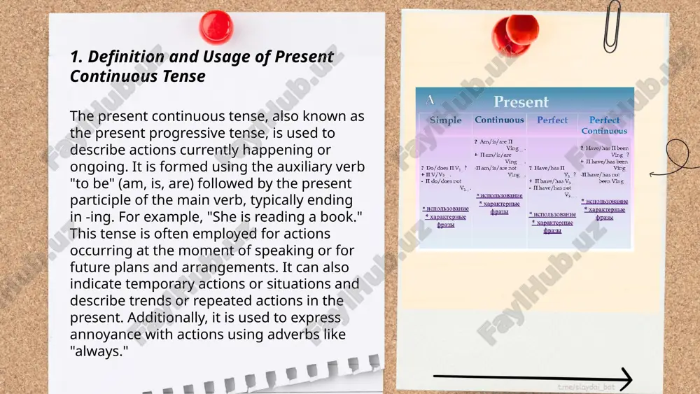 ent of speaking or temporary situations. it is formed with the verb "to be" plus the "-ing" form of the main verb. examples: "she is reading now" and "they are studying this week." the simple present tense describes habitual actions, general truths, or fixed arrangements. it uses the base form of the verb for most subjects, adding "-s" for third-person singular. examples include "he reads every morning" and "water boils at 100°c." comparative usage: "i eat breakfast at 7 am" (habit) vs. "i am eating breakfast now" (current action). the present continuous is not used for stative verbs, whereas the simple present can describe states or feelings, such as "i know him" or "she likes chocolate." ... t.me/slaydai_bot 7. common verbs used in present continuous the present continuous tense in english is used to describe actions happening now or around the present time. common verbs used in this tense include: …