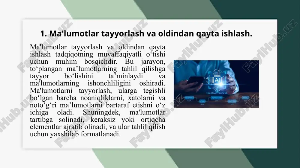 oladi. tarmoq arxitekturasining tanlovi o‘rganilayotgan muammoning xususiyatlariga bog‘liq. masalan, tasvirlarni tahlil qilish uchun konvolyutsion neyron tarmoqlari (cnn), vaqt ketma-ketligini o‘rganish uchun esa takroriy neyron tarmoqlar (rnn) ko‘proq ishlatiladi. arxitektura tanlanganidan so‘ng, tarmoqni o‘qitish jarayoniga o‘tish mumkin. o‘qitish, neyron tarmog‘ining ma’lumotlardan o‘rganishini va ularga mos ravishda o‘zining og‘irliklarini optimallashtirishni anglatadi. o‘qitish jarayonida xato funktsiyasi (loss function) va optimizatsiya algoritmi muhim rol o‘ynaydi. 3. modelni baholash va sinflashtirish natijalarini tahlil qilish. modelni baholash jarayonida, birinchi navbatda, turli metrikalar ishlatiladi. aniqlik, modelning to‘g‘ri tasniflangan namunalar ulushini ko‘rsatadi, lekin bu metrika ba'zida modelning faqat to‘g‘ri sinflangan namunalarni ko‘rsatishi bilan cheklanishlarga ega bo‘lishi mumkin. shuning uchun, precision, recall va f1-score kabi metrikalar ham qo‘llaniladi. precision modelning to‘g‘ri ijobiy sinflangan namunalarining ulushini ifodalaydi, recall esa barcha haqiqiy ijobiy namunalarni aniqlash imkoniyatini o‘lchaydi. f1-score esa bu ikkala metrikani muvozanatlashadi va modelning umumiy samaradorligini ko‘rsatadi. sinflashtirish natijalarini tahlil qilishda, xato matriksi yordamida modelning to‘g‘ri va noto‘g‘ri tasniflagan sinflari …