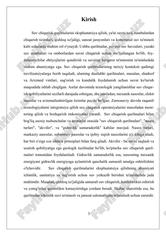 tasdiqlanadi. masalan, quyosh energiyasi bilan ishlaydigan nasoslarning muvaffaqiyatli tadqiqotlari ularni uzoq hududlarda barqaror suv echimlarini ta'minlash qobiliyatini ko'rsatadi. muhandislik, atrof-muhit fanlari va iqtisodiyot kabi fanlararo yondashuvlar suv chiqarish bilan bog'liq muammolarni hal qilish uchun zarurdir. natijada, suv chiqarish qurilmalarini ekspluatatsiya qilish qishloq xo'jaligi, shahar rivojlanishi va atrof-muhit barqarorligi uchun muhim ahamiyatga ega bo'lgan ko'p qirrali mavzudir. ushbu sohada yuzaga kelayotgan muammolarni hal qilish uchun tadqiqot va innovatsiyalarga ehtiyoj mavjud, bu esa suv chiqarish amaliyotlarining hozirgi va kelajak avlodlar ehtiyojlariga javob berishini ta'minlash bilan birga, muhim suv resurslarini saqlashni qo'llab-quvvatlaydi. i. qishloq xo'jaligida suv chiqarish texnologiyalarini takomillashtirish 1.1 qishloq xo'jaligida suv chiqarish texnologiyalari. qishloq xo'jaligida suv chiqarish texnologiyalari, dehqonchilikda suv ta'minotini ta'minlash va samarali resurslardan foydalanish uchun muhim ahamiyatga ega. suv chiqarish texnologiyalari, asosan, yer osti va yer usti suv manbalaridan suv olish va uni dehqonchilikda foydalanishga tayyorlash uchun mo'ljallangan. ushbu texnologiyalar qishloq xo'jaligida urug'larni ekish, sug'orish va mahsulotlarni yetishtirish jarayonlarida …
