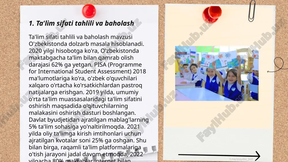 ubdan oshirishga qaratilgan. ... t.me/slaydai_bot 5. nazorat ishlari va imtihon tizimi o‘quv jarayonining muhim qismlaridan biri hisoblanadi. o‘zbekiston ta’lim tizimida nazorat ishlari odatda chorak yoki semestr yakunida o‘tkaziladi. imtihonlar esa kamida yilda bir marta tashkil qilinadi. ta’lim darajasiga qarab nazorat turlari farqlanadi, masalan, maktab darajasida testlar, yozma va og‘zaki ishlardan iborat bo‘lib, kollej va oliy ta’lim muassasalarida qo‘shimcha ravishda loyihalar va amaliy ishlar ham baholanadi. baholash tizimi 5 ballik bo‘lib, 5 — a’lo, 4 — yaxshi, 3 — qoniqarli va 2 — qoniqarsiz baholarni o'z ichiga oladi. nazorat ishlari o‘quvchilarning bilimini va darslarni qay darajada o‘zlashtirganligini tekshirish uchun zarur vositadir. ... t.me/slaydai_bot ta'limda axborot texnologiyalari roli kundan-kunga ortib bormoqda. o'zbekistonda 2019-yilda 1,200 dan ortiq maktab zamonaviy kompyuter sinflari bilan jihozlandi. onlayn ta'lim platformalari, masalan, coursera va edx, 180 mamlakatdan millionlab foydalanuvchilarga ega bo'lib, bilim olishni yanada osonlashtirmoqda. ibodatxonalar covid-19 pandemiyasi davrida o'z o'quvchilariga masofaviy ta'lim berish uchun 100 foizga yaqin …