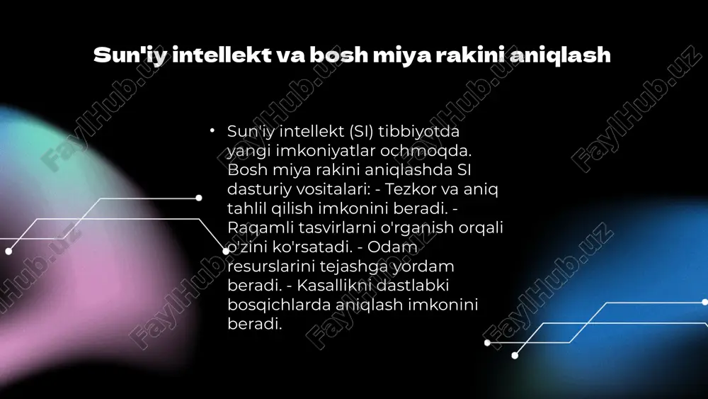 ijalarining aniqligi va ishonchliligi sun’iy intellekt orqali aniqlangan natijalar an'anaviy usullarga qaraganda yuqori aniqlikda bo'ladi. sun’iy intellektning tahlil jarayoniga ta'siri sun’iy intellekt tahlil jarayonini avtomatlashtiradi, vaqt va resurslarni tejaydi. sun’iy intellekt dasturiy vositalari dasturiy vositalar turlari sun’iy intellekt dasturlari ma'lumotlarni tahlil qilish va qaror qabul qilishda ishlatiladi. samaradorlik va natijalar dasturiy vositalar bosh miya rakini aniqlashda tez va aniq natijalar beradi. photo by altumcode on unsplash sun'iy intellekt va dasturiy vositalar sun'iy intellektning dasturiy vositalar bilan integratsiyasi tibbiyotda innovatsion yechimlarni taqdim etadi. ushbu yechimlar tezkor tahlil, aniqlik va samaradorlikni oshirishda yordam beradi. dasturiy vositalar, tasvirlarni qayta ishlash va ma'lumotlarni prognoz qilish orqali bosh miya rak kasalligini aniqlashda muhim rol o'ynaydi. photo by altumcode on unsplash bosh miya rakini aniqlash jarayoni sun'iy intellekt yordamida bosh miya rakini aniqlash jarayoni quyidagi bosqichlardan iborat: 1. ma'lumotlarni yig'ish - mri va ct skanerlari orqali tasvirlar olinadi. 2. dasturiy vositalar - ai algoritmlari tasvirlarni tahlil …