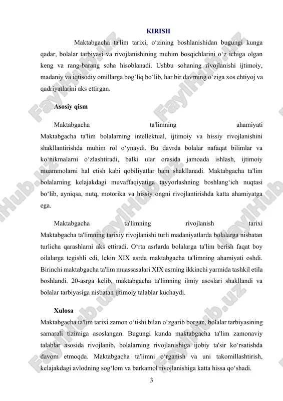 ikmalarni berishga qaratilgan edi. mustaqillikdan keyin, o'zbekistonda maktabgacha ta'limni rivojlantirish borasida bir qator islohotlar amalga oshirildi. 2000-yillardan boshlab, maktabgacha ta'lim tizimi modernizatsiya qilindi, yangi dasturlar va metodikalar ishlab chiqildi, pedagoglarning malakasi oshirildi. hozirgi kunda o'zbekistonda maktabgacha ta'lim rivojlanayotgan, bolalar uchun zarur bo'lgan bilim va ko'nikmalarni berishga qaratilgan tizimga aylangan. yevropada va shimoliy amerikada maktabgacha ta'lim tizimlari tez rivojlana boshladi. 19-asr oxirlarida shvetsiyada va norvegiyada maktabgacha ta'limning dastlabki tizimlari tashkil etildi. bu ta'lim tizimlarining asosiy maqsadi bolalarning jismoniy, aqliy va hissiy rivojlanishiga e'tibor qaratish edi. xix asrda, ayniqsa, fridrix frobelning o'quvchilarga qulay va tabiiy o'quv sharoitlari yaratishga oid nazariyalari maktabgacha ta'limning rivojlanishida muhim rol o'ynadi. uning ta'lim metodlari o'qituvchilarni bolalar bilan individual ishlashga undadi. o'zbekistonda maktabgacha ta'lim tizimining rivojlanishi sovet davrida o'ziga xos xususiyatlarga ega bo'ldi. o'zbekiston mustaqillikka erishgach, bolalar uchun maktabgacha ta'lim tizimi demokratik va bozor iqtisodiyotiga mos ravishda modernizatsiya qilindi. 2000-yillardan boshlab, bolalar ta'limida zamonaviy pedagogik yondashuvlar va innovatsion …
