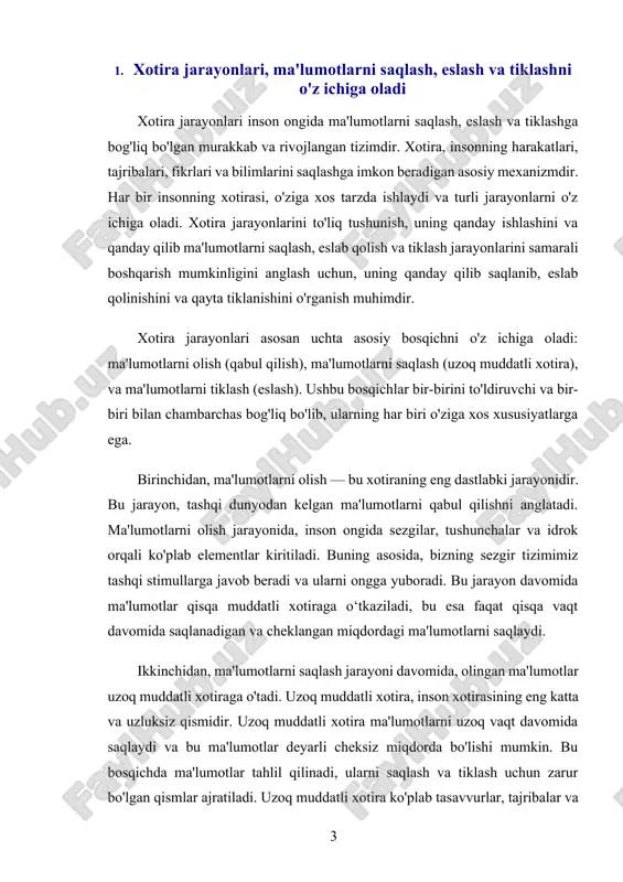 esa, odamning o'zining shaxsiy tajribalari va voqealari bilan bog'liq ma'lumotlarni saqlaydi. bu xotira turi odamning o'tgan voqealar, joylar, shaxslar bilan bog'liq xotiralarni eslab qolishga yordam beradi. bundan tashqari, xotira jarayonlari bir-biriga bog'liq bo'lgan boshqa ko'plab mexanizmlar, masalan, ma'lumotlarni qayta ishlash va mustahkamlash jarayonlarini ham o'z ichiga oladi. ushbu jarayonlar insonning harakatlari, kognitiv faoliyatlari va ongi bilan chambarchas bog'liqdir. xotira jarayonlari orqali odamlar yangi ma'lumotlarni o'rganish va mavjud bilimlarini kengaytirish imkoniyatiga ega bo'ladilar. buning natijasida, xotira jarayonlari bizning ongimizda o'zgarishlarni yaratadi va ilgari o'rganilgan bilimlar bilan yangi tajribalarni birlashtirishga imkon beradi. 1.2. qisqa muddatli xotira tez o'zgaradi va cheklangan hajmga ega qisqa muddatli xotira, ma'lumotlarni vaqtincha saqlash va qayta ishlash uchun javobgardir. bu turdagi xotira faqat qisqa vaqt davomida faol bo'lib, yangi ma'lumotlarni tezda qabul qilib, mavjud xotiralarni yangilashga moyil. buning sababi shundaki, qisqa muddatli xotira cheklangan hajmga ega bo'lib, faqat ma'lum miqdordagi ma'lumotlarni saqlashi mumkin. odatda bu miqdor o'zgarishi mumkin, …