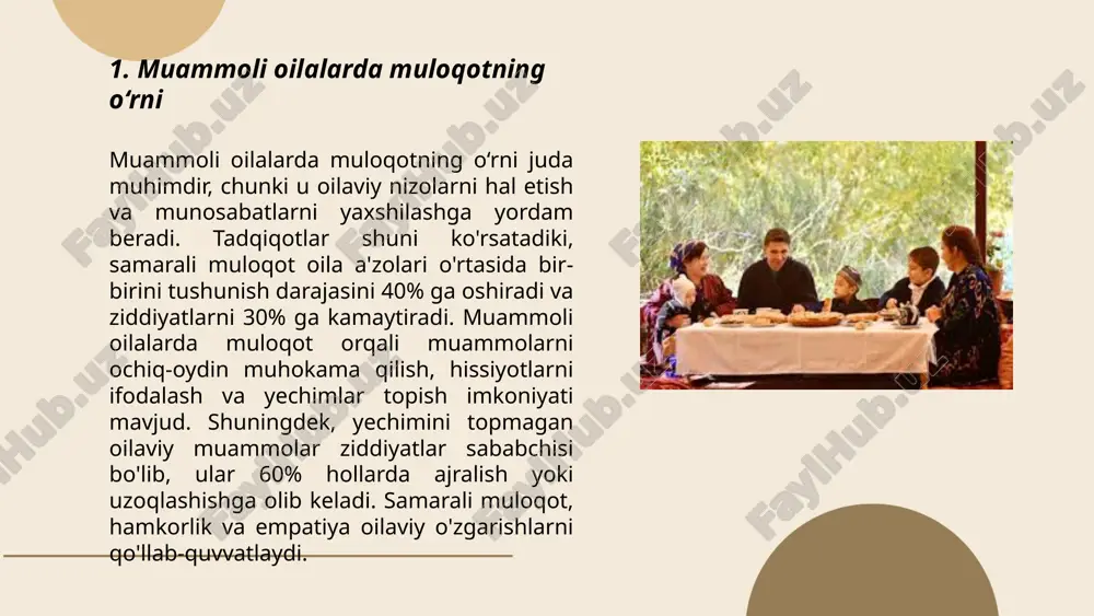 ldirish istagi va shaxsiy chegaralarini kengaytirishga intiladilar. ota-onalar esa ko‘pincha eski tajribalariga asoslanib, bolalarni tarbiyalashga harakat qilishadi. bu esa muloqotning 50% holatlarda muammoli bo‘lishiga olib kelishi mumkin. 7. oila munosabatlarida ishonchning roli oila munosabatlarida ishonchning ahamiyati katta. tadqiqotlar shuni ko'rsatadiki, baxtli va barqaror oilalarda ishonch darajasi yuqori. ishonch oila a'zolari o'rtasida ochiq muloqot va halollikni oshiradi, konfliklarni kamaytiradi va emosional bog'lanishni kuchaytiradi. statistik tadqiqotlar ko'rsatadiki, ajrashgan oilalarda ko'pincha ishonch muammolari kuzatilgan. 70% juftliklar ishonchni yo'qotish ajralishga olib keluvchi sabablar orasida ekanini ta'kidlagan. oilada ishonch bolalar rivojlanishida ham muhim bo'lib, 80% ota-onalar ishonchli muhitda bolalar yaxshi rivojlanishini qayd etishgan. ishonch oilaviy munosabatlarning poydevori bo'lib, uni saqlab qolish va mustahkamlash doimiy e'tibor talab etadi. qaynota va qaynonalar bilan munosabatlar oilaviy hayotda muhim o‘rin tutadi. statistikaga ko‘ra, o‘zbekistonda oilalarning 30-40% da yangi kelin-kuyovlar qaynota va qaynonalar bilan birga yashaydi. ushbu munosabatlar sog‘lom bo‘lishi uchun hurmat va o‘zaro madaniyat muhimdir. 20% holatlarda nizolar kelib …