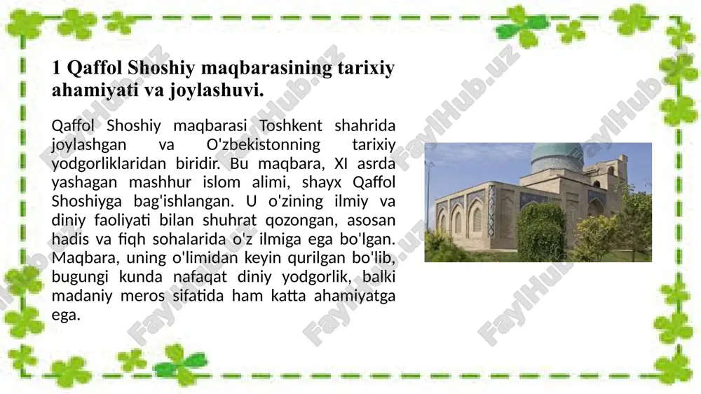 qismlari geometriya asosida qurilgan, bu esa o‘ziga xos estetik naqshlarning yaratilishiga olib kelgan. arxitektura elementlarida, xususan, g‘ishtdan ishlangan bezaklar va naqshlar keng qo‘llanilgan. bu naqshlar orasida arabeska va kaligrafiya uslublarida ishlangan yozuvlar ham bor. ushbu naqshlar nafaqat o‘zining chiroyli ko‘rinishi bilan, balki diniy ma'no va ilohiy tafakkurni anglatadi. maqbaraning tashqi va ichki qismlarida ishlatilgan materiallar sifatli g‘isht va toshlardir. ular nafaqat uzoq muddat saqlanishini ta’minlash, balki binoning mustahkamligini ta'minlashda ham muhim rol o‘ynaydi. g‘ishtlarning ustki qismidagi naqshlar o‘zining to‘g‘ri o‘yilgan va mukammal detallar bilan bezatilganligi bilan alohida ajralib turadi. 3 qaffol shoshiy va uning islom dinidagi roli. qaffol shoshiy, islom dinining muhim ilmiy va diniy arbobi sifatida o‘zining katta ta'sirini ko‘rsatgan. uning roli, ayniqsa, hadis va fiqh (islom huquqi) sohalarida juda muhimdir. shayx qaffol shoshiy xi asrda yashab, o‘z davrida islom ilmiga katta hissa qo‘shgan. uning ilmiy ishlari va diniy ta'limoti bugungi kunda ham ahamiyatini saqlab qolgan. qaffol shoshiy hadisni …