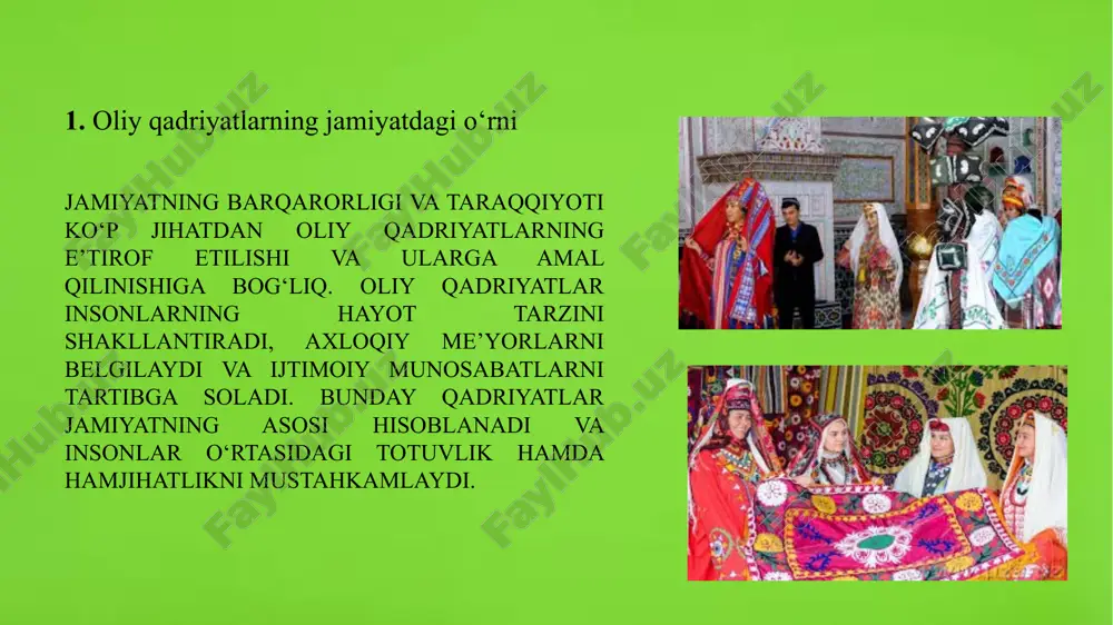 di. o‘zaro hurmat va mehr-oqibat shaxsiy hayotda ham, jamiyat hayotida ham insonni komillikka yetaklaydi. bu qadriyatlar oilaviy tarbiyada, ta’lim muassasalarida va ijtimoiy hayotda muntazam targ‘ib etilishi kerak. mehr-oqibatli va hurmatga asoslangan jamiyat doimo taraqqiy etadi, unda odamlar bir-biriga yordam qo‘lini cho‘zadi, tushunish va hamdardlik bilan yondashadi. 8 3. halollik va mehnatsevarlikning inson hayotidagi roli halollik – bu nafaqat moddiy manfaatlarga halol munosabatda bo‘lish, balki fikr va amalda ham pok bo‘lish demakdir. halol inson hech qachon o‘zganing haqini yemaydi, yolg‘on gapirmaydi va hech kimga zulm qilmaydi. u o‘z mehnati, aqli va qobiliyati bilan rizq topadi, harom yo‘llarga kirmaydi. bunday kishilar jamiyatda hurmatga sazovor bo‘ladi, ularga ishonch bildirilib, obro‘-e’tibor beriladi. halol inson atrofdagilarga ham yaxshi namuna bo‘lib xizmat qiladi. mehnatsevarlik esa insonning muvaffaqiyat sari intilishiga, harakat qilishiga sabab bo‘ladigan asosiy omillardan biridir. hech bir yutuq va muvaffaqiyat mehnatsiz qo‘lga kiritilmaydi. mehnatsevar inson hayotda duch keladigan qiyinchiliklardan qo‘rqmaydi, sabr bilan oldinga intiladi. u …