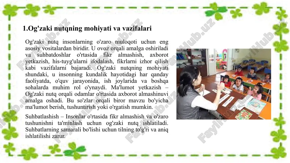 atlarda o'z fikrini tezda va samarali ifodalashni o'rganish ko'nikmalarni yaxshilaydi. bu, xususan, kutilmagan savollarga javob berish yoki yangi mavzularda suhbatlar boshlashda foydalidir. tilga bo'lgan qiziqish va sevgi – o'z tilini chuqur o'rganish va tilga bo'lgan sevgi og'zaki nutqning rivojlanishiga yordam beradi. tilni o'rgatish, adabiyotlar o'qish, til boyligini oshirish – bularning barchasi og'zaki nutqni boyitadi. maslahatchi yoki mentor yordamida ishlash – biror mutaxassis yoki tajribali nutqchi bilan ishlash og'zaki nutqni rivojlantirishda juda samarali bo'lishi mumkin. ular to'g'ri nutq qilishning usullarini o'rgatib, nutqning yomon jihatlarini aniqlab, ularni tuzatish bo'yicha yordam berishadi. og'zaki nutqni rivojlantirish jarayonida, shuningdek, o'zaro muloqotga ochiq bo'lish, turli fikrlarni tinglash va boshqalarga o'z fikrlarini ifodalash imkonini berish ham muhim ahamiyatga ega. bu jarayonlarning barchasi birgalikda og'zaki nutqni yanada mukammal qilishga yordam beradi. 3. ona tili darslarida og'zaki nutqni rivojlantirish. ona tili darslarida og'zaki nutqni rivojlantirish, o'quvchilarning so'zlashuv ko'nikmalarini yaxshilashda katta ahamiyatga ega. bu jarayon o'quvchilarga nafaqat tilni o'rganish, balki …