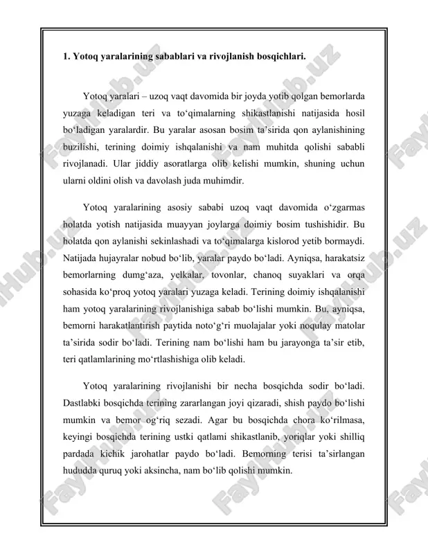 arini yuvishga qodir bo‘lmasa, maxsus paxtali tamponlar yoki yumshoq cho‘tkalar yordamida tish va milklar tozalanadi. og‘iz bo‘shlig‘ini yuvish uchun antiseptik eritmalar ishlatilishi mumkin. ovqat qoldiqlari va bakteriyalar to‘planishi oldini olish uchun til va milklar ham tozalab turilishi lozim. yotoq rejimida bo‘lgan bemorlar uchun choyshablar har kuni yoki lozim bo‘lsa, tez-tez almashtirilishi kerak. yostiq va matraslar yumshoq bo‘lib, bosim tushadigan joylarga maxsus yostiqchalar qo‘yilishi muhimdir. bemorning yotoqda uzoq vaqt bir xil holatda qolmasligi uchun uni har ikki soatda boshqa tomonga o‘girish kerak. bu yotoq yaralarining oldini oladi va qon aylanishini yaxshilaydi. qo‘l gigiyenasi ham muhim bo‘lib, bemorlar qo‘llarini muntazam yuvishi yoki antiseptik vositalar bilan tozalashi lozim. parvarish qiluvchi shaxslar esa bemorga tegishdan oldin va keyin qo‘llarini sovun bilan yuvishlari kerak. bu infeksiya xavfini kamaytiradi va bemorning umumiy holatini yaxshilaydi. bemorning kiyimlari doimo toza va yumshoq bo‘lishi kerak. sintetik matolar o‘rniga tabiiy, havo o‘tkazuvchi materiallardan tikilgan kiyimlar tavsiya etiladi. juda tor yoki …