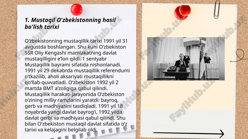 g kishini tashkil etgan. unesco tomonidan 1993 yilda buxoro shahrining tarixiy markazi jahon merosi ro‘yxatiga kiritilgan. ... t.me/slaydai_bot xiva xonligi 1511-yilda tashkil topgan va 1920-yilgacha mavjud bo'lgan davlatdir. uning hududi amudaryo daryosi bo'ylab joylashgan bo'lib, hozirgi o'zbekiston, turkmaniston va qozog'istonning janubiy qismlarini o'z ichiga olgan. xonlikning poytaxti xiva shahri edi. 16-asrda xiva xonligi hududi kengaydi, lekin 18-asrda ichki nizolar va qo'shni davlatlarning hujumlari tufayli qisqardi. 1873-yilda rossiya imperiyasi xiva xonligini o'z protektoriatiga aylantirdi. 1920-yilda esa xiva xonligi tugatilib, xorazm xalq sovet respublikasi tashkil etildi. ... t.me/slaydai_bot 7. o'zbekistondagi tabiiy resurslar o'zbekiston tabiiy resurslarga boy mamlakatlar qatoriga kiradi. mamlakat hududida yuzlab foydali qazilmalar konlari mavjud. ular orasida mis, oltin, kumush, uran, qo'rg'oshin, rux va boshqa metallar mavjud. oltin zaxiralari bo‘yicha o‘zbekiston dunyoda yetakchi o‘rinlarda turadi. yillik gaz qazib olish hajmi 60 milliard kubometrdan oshadi. neft ishlab chiqarish esa yiliga taxminan 2 million tonnani tashkil etadi. mamlakat koʻmir resurslari ham katta boʻlib, …