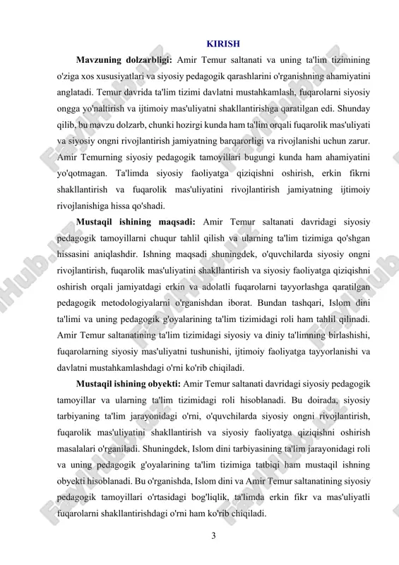 avbatda, temurning xalqaro diplomatiya va harbiy strategiya sohasidagi bilimlari uning davlatni mustahkamlashdagi muvaffaqiyatini ta'minladi. shuningdek, uning ta'lim va madaniyatga bo'lgan katta e'tibori ham saltanatning rivojlanishida muhim rol o'ynadi. temur davlatida ilm-fan, san'at, va me'morchilik o'zining eng yuksak cho'qqisiga yetdi. bu davrda samarqand ilmiy va madaniy markazga aylandi va ko'plab olimlar, yozuvchilar, san'atkorlar va arhitektorlar ushbu yerda faoliyat ko'rsatdi. amir temur saltanatining siyosiy tuzilmasi ham o'ziga xos edi. u hukumatni markazlashtirishga intildi va o'zining qudratli armiyasi yordamida davlatni boshqarishda qat'iyatli siyosat yuritdi. temur hukmronligi ostida, davlatni boshqarishning eng muhim yo'nalishlaridan biri – siyosiy pedagogika edi. uning siyosiy qarashlari va ta'limga bo'lgan alohida e'tibori jamiyatda fuqarolik mas'uliyatini rivojlantirish va siyosiy ongni shakllantirishga yordam berdi. islom dini ham temur saltanati davlat tizimining asosiy qismlaridan biri bo'lib, uning siyosiy va ijtimoiy faoliyatida katta o'rin tutdi. temur ta'lim va tarbiyani, ayniqsa islom dini asosida tashkil etishni maqsad qilib qo'ydi, chunki u davlatni tashkil etishda islomning …