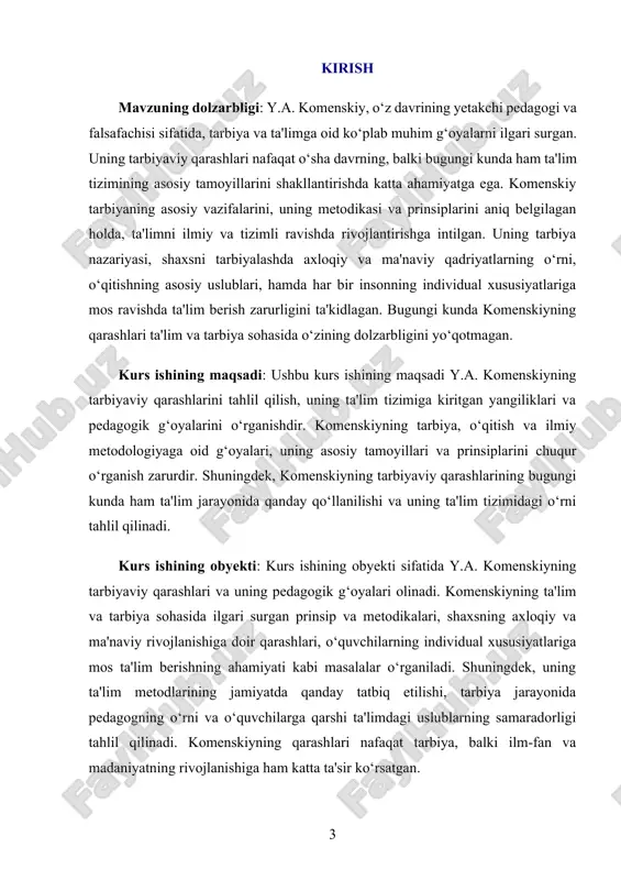 h, o‘zini anglash va rivojlantirishga bo‘lgan ehtiyoj egallaydi. u ta'limni faqat bilim o‘rgatish sifatida ko‘rmaydi, balki insonni ma'naviy va axloqiy jihatdan rivojlantirishni ham nazarda tutadi. komenskiy o‘zining "buyuk ta'lim" (didactica magna) asarida ta'lim jarayonini butun hayot davomida amalga oshiriladigan bir jarayon sifatida ta'riflagan. u ta'lim jarayonida faqat aqliy qobiliyatlar emas, balki axloqiy va ruhiy tarbiya ham muhim ekanligini ta'kidlagan. komenskiyning falsafasining asosiy elementlaridan biri bu "tabiat bilan uyg‘unlik"dir. u odamni tabiiy rivojlanish jarayoniga qarshi qo‘yishga emas, balki uni tabiatining ichki qonuniyatlari bilan birlashtirishga intilgan. bu o‘zgarishlar faqat o‘rganish va bilim olish jarayonida emas, balki insonning ichki dunyosini rivojlantirishda ham ahamiyatlidir. komenskiy ta'lim jarayonini insonni to‘liq shakllantirish, uning barcha jihatlarini rivojlantirishga qaratilgan deb hisoblagan. g'oyaviy asoslar komenskiyning tarbiyaviy qarashlari g‘oyaviy jihatdan ham alohida ahamiyatga ega. u ta'lim jarayonining barcha qatlamlarini birlashtirgan holda, har bir kishining o‘ziga xos ehtiyojlariga qarab shakllanishini ta'minlashni maqsad qilgan. uning g‘oyalarida "har bir insonni tarbiyalash" tamoyili asosiy …