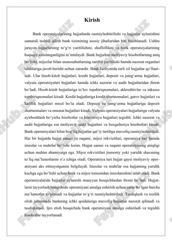 n hujjatlashtirish jarayoni operatsiyaning shaffofligini oshirishga va tezkor hisob-kitob qilishga yordam beradi. shuningdek, har bir tranzaksiya bankning ichki hisob-kitob tizimida saqlanadi va kelajakda tekshirish uchun foydalanish mumkin. bank operatsiyalarini hujjatlashtirishda muhim omillardan biri audit jarayoni hisoblanadi. audit moliyaviy operatsiyalarning qonuniyligini tekshirish, ichki tartib-qoidalarga rioya qilinishini nazorat qilish va moliyaviy hisob-kitoblarni tahlil qilish uchun amalga oshiriladi. audit natijalariga asoslanib, kerakli tuzatishlar kiritilishi yoki qo‘shimcha tekshiruvlar o‘tkazilishi mumkin. mijozlar bilan bog‘liq operatsiyalarni hujjatlashtirish jarayonida bank maxfiylik tamoyillariga amal qilishi kerak. mijozlarning shaxsiy ma’lumotlari va tranzaksiya tafsilotlari uchinchi shaxslarga oshkor etilmasligi lozim. shu sababli, har qanday hujjatlashtirish jarayoni qat’iy maxfiylik shartlariga asoslanadi. bank operatsiyalarining hujjatlashtirilishi nafaqat mijozlar, balki davlat organlari uchun ham muhimdir. soliq idoralari, markaziy bank va boshqa nazorat organlari bank faoliyatini tekshirishda hujjatlashtirilgan ma’lumotlardan foydalanadi. shu bois, barcha hujjatlar qonunchilik talablariga mos kelishi va davlat organlari tomonidan qo‘yilgan standartlarga javob berishi kerak. zamonaviy bank tizimlari hujjatlashtirish jarayonini avtomatlashtirishga alohida e’tibor qaratmoqda. …