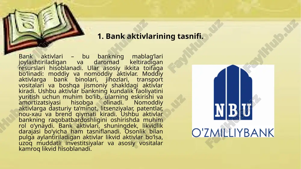 arini ham o‘z ichiga olishi mumkin. keyinchalik, aktivlar eskirishga uchrashi sababli ularning qiymati amortizatsiya orqali pasaytiriladi. nomoddiy aktivlarning hisobga olinishi moddiy aktivlardan farqli ravishda biroz murakkabroq bo‘lib, ularning qiymatini aniq belgilash ba’zan qiyinchilik tug‘dirishi mumkin. nomoddiy aktivlar ham dastlabki xarid yoki ishlab chiqish xarajatlari asosida balansga kiritiladi. masalan, dasturiy ta’minot, patentlar yoki litsenziyalar sotib olinganda, ularning sotib olish narxi asosida hisobga olinadi. agar nomoddiy aktiv bank tomonidan yaratilgan bo‘lsa, uni hisobga olish uchun tegishli xarajatlar aniq hujjatlashtirilishi va aktivning bozor qiymatini hisoblash mumkin bo‘lishi kerak. nomoddiy aktivlarning amortizatsiyasi ham amalga oshiriladi, lekin bu jarayon ularning foydali xizmat muddati va aniq baholanishiga bog‘liq. masalan, dasturiy ta’minot 5–10 yil ichida eskirishi mumkin, patentlar esa ma’lum muddatgacha amal qiladi va shu davr ichida ularning qiymati pasayib boradi. 3. moddiy va nomoddiy aktivlarning baholash usullari. moddiy aktivlar jismoniy shaklga ega bo‘lib, ularni baholash bir nechta usullar asosida amalga oshiriladi. dastlabki qiymat usuli aktivlarni sotib …