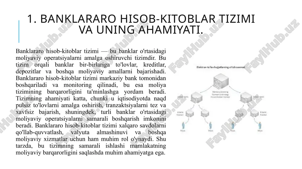oblar uchun ishlatiladigan elektron tizim bo'lib, u to'lovlarni to'liq avtomatlashtiradi va hisob-kitoblarni optimallashtiradi. ach tizimi, asosan, kichik va o'rta summadagi to'lovlar uchun ishlatiladi. blockchain texnologiyasi – blockchain, markaziy tizimlarga muhtoj bo'lmasdan, banklar o'rtasidagi to'lovlarni xavfsiz va tez amalga oshirish imkonini beradi. bu texnologiya, ayniqsa, kriptovalyutalar va yangi moliyaviy tizimlarda keng qo'llaniladi. banklararo clearing tizimlari – bu tizimlar banklar o'rtasida hisob-kitoblarni o'zaro to'lovlarni birlashtirish orqali amalga oshiradi. clearing jarayonida, banklar o'rtasida to'lovlar balanslanadi va yakuniy hisob-kitob amalga oshiriladi. clearing tizimlari orqali banklar o'rtasidagi to'lovlar yig'ilib, faqat kerakli miqdorlar o'zgartiriladi. elektron pul o'tkazmalari – banklararo to'lovlar uchun ishlatiladigan eng keng tarqalgan texnologiyalardan biridir. bu texnologiya banklar o'rtasida raqamli shaklda pul o'tkazmalarini amalga oshirishni ta'minlaydi va pul o'tkazmalari jarayonini tezlashtiradi. kredit clearing tizimlari – kreditlar va qarzlarni hisoblashda, banklararo clearing tizimlari ishlatiladi. bu tizimlar qarzlarni o'zgartirish, qoplash va ko'paytirish jarayonini optimallashtir p2p tizimlar (peer-to-peer) – bu texnologiya orqali banklar o'rtasidagi moliyaviy to'lovlar bevosita, …