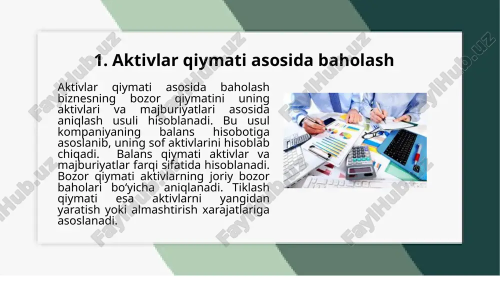 vi, xususiyatlari, holati va boshqa o'xshash parametrlar hisobga olinadi. shuningdek, bozorning umumiy holati, talab va taklif o'zgarishlari, iqtisodiy omillar ham mulkning qiymatiga ta'sir ko'rsatishi mumkin. bozor taqqoslash usulida mulkning qiymati aniq bozor sharoitlarini hisobga olib belgilanishi mumkin, bu esa baholash jarayonini tez va samarali qiladi. lekin, bu usul ba'zida o'ziga xos xususiyatlarni yoki maxsus sharoitlarni hisobga olishda cheklovlarga ega bo'lishi mumkin. etiboringiz uchun rahmat! image1.png image2.jpeg image3.jpeg image4.jpeg