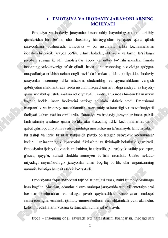 radi. emotsiya va irodaviy jarayonlar insonning ruhiy barqarorligi va shaxsiy rivojlanishida muhim rol o‘ynaydi. ularni boshqarish qobiliyati insonning jamiyatdagi o‘rnini belgilaydi va muvaffaqiyat sari yo‘l ochadi. emotsiya va iroda inson ruhiy hayotining muhim tarkibiy qismlaridan biri bo‘lib, ular insonning his-tuyg‘ularini boshqarish, xulq-atvorini tartibga solish va qaror qabul qilish jarayonida katta rol o‘ynaydi. emotsiyalar insonning tashqi yoki ichki ta’sirlarga javoban his qiladigan subyektiv kechinmalaridir. ular insonning fiziologik holatiga, fikrlashiga va xulq-atvoriga ta’sir qiladi. iroda esa ongli ravishda o‘z maqsadlariga erishish uchun harakat qilish qobiliyatidir. inson o‘z his-tuyg‘ularini nazorat qilish va turli qiyinchiliklarni yengish uchun iroda kuchiga tayanadi. emotsiyalar inson hayotining har bir sohasida namoyon bo‘ladi. ular ijobiy yoki salbiy shaklda bo‘lishi mumkin. ijobiy emotsiyalar quvonch, muhabbat, baxtiyorlik kabi kechinmalarni o‘z ichiga oladi va insonning umumiy ruhiy holatini yaxshilaydi. salbiy emotsiyalar esa qo‘rquv, g‘azab, qayg‘u, nafrat kabi his-tuyg‘ularni o‘z ichiga oladi va insonning kayfiyatiga, motivatsiyasiga va xulq-atvoriga salbiy ta’sir qilishi mumkin. emotsiyalar …