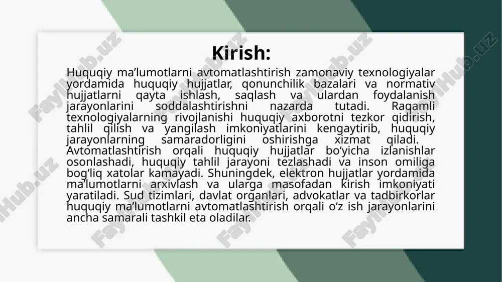 uqiy axborotni qayta ishlash, saqlash, tahlil qilish va ulardan foydalanish jarayonlari osonlashadi. bu jarayon huquqiy xizmatlar sifatini yaxshilash, xatoliklarni kamaytirish va ma'lumotlarga tezkor kirish imkoniyatini yaratadi. elektron huquqiy ma'lumot bazalari huquqiy ma’lumotlarni avtomatlashtirishning asosiy komponentlaridan biri elektron huquqiy ma’lumot bazalaridir. bunday bazalar qonunchilik hujjatlari, sud qarorlari, normativ hujjatlar, shartnomalar va boshqa yuridik axborotlarni markazlashtirilgan tarzda saqlaydi. elektron huquqiy bazalar yordamida huquqshunoslar, davlat organlari va tadbirkorlar zarur hujjatlarni tezda topib, tahlil qilish imkoniyatiga ega bo‘ladilar. misol uchun, o‘zbekiston respublikasining huquqiy ma’lumotlar portali qonunchilik va sud qarorlarini onlayn tarzda taqdim etadi. xulosa: huquqiy ma’lumotlarni avtomatlashtirish huquqiy jarayonlarni tezlashtirish, samaradorlikni oshirish va xatoliklarni kamaytirish uchun muhim vositadir. elektron huquqiy ma'lumot bazalari, sun'iy intellekt, mashina o‘rganish, avtomatik huquqiy hujjatlarni tuzish tizimlari, bulutli texnologiyalar va blokcheyn texnologiyalari huquqiy xizmatlarning sifatini yaxshilashga yordam beradi. bu texnologiyalar yordamida huquqshunoslar va boshqa foydalanuvchilar huquqiy ma'lumotlarga tez va aniq kirish imkoniyatiga ega bo‘ladilar, shu bilan birga huquqiy xizmatlarni kengaytirish …