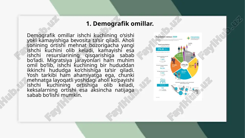 ivojlanishga e’tibor qaratish zaruratini yuzaga keltiradi. 3. texnologik rivojlanish. texnologik rivojlanish ishchi kuchining hajmi va tarkibiga sezilarli ta’sir ko‘rsatadi. yangi texnologiyalar ishlab chiqarish jarayonlarini avtomatlashtirishi natijasida ba’zi kasblar yo‘qolib, yangi mutaxassisliklarga ehtiyoj ortadi. sun’iy intellekt va robototexnika rivojlanishi qo‘lda bajariladigan ish hajmini kamaytirib, malakali ishchilarga bo‘lgan talabni oshiradi. uzoqdan ishlash imkoniyatlarining kengayishi mehnat bozorida geografik cheklovlarni kamaytirib, masofaviy bandlikni rivojlantiradi. texnologik rivojlanish ishchi kuchiga bo‘lgan talab va uning tarkibini o‘zgartiradi. ishlab chiqarishning avtomatlashtirilishi an’anaviy jismoniy mehnatga bo‘lgan ehtiyojni kamaytirib, malakali ishchilarga ehtiyojni oshiradi. axborot texnologiyalarining rivojlanishi masofaviy ishlash imkoniyatlarini kengaytirib, global mehnat bozorini shakllantiradi. innovatsion texnologiyalar yangi kasblarning paydo bo‘lishiga sabab bo‘lib, ishchi kuchining doimiy ravishda yangilanib borishini talab qiladi. raqamli transformatsiya ishlab chiqarish jarayonlarini tezlashtiradi va mehnat unumdorligini oshiradi, shu bilan birga, ba’zi kasblarning yo‘qolishiga ham olib keladi. texnologik rivojlanish mehnat bozori va ishchi kuchining strukturasiga katta ta’sir ko‘rsatadi. yangi texnologiyalar ishlab chiqarishning samaradorligini oshirib, ba’zi ishlarga bo‘lgan talabni …